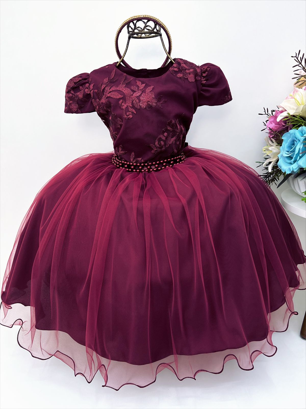 Vestido Infantil Marsala C/ Renda Cinto Pérolas Tiara Luxo