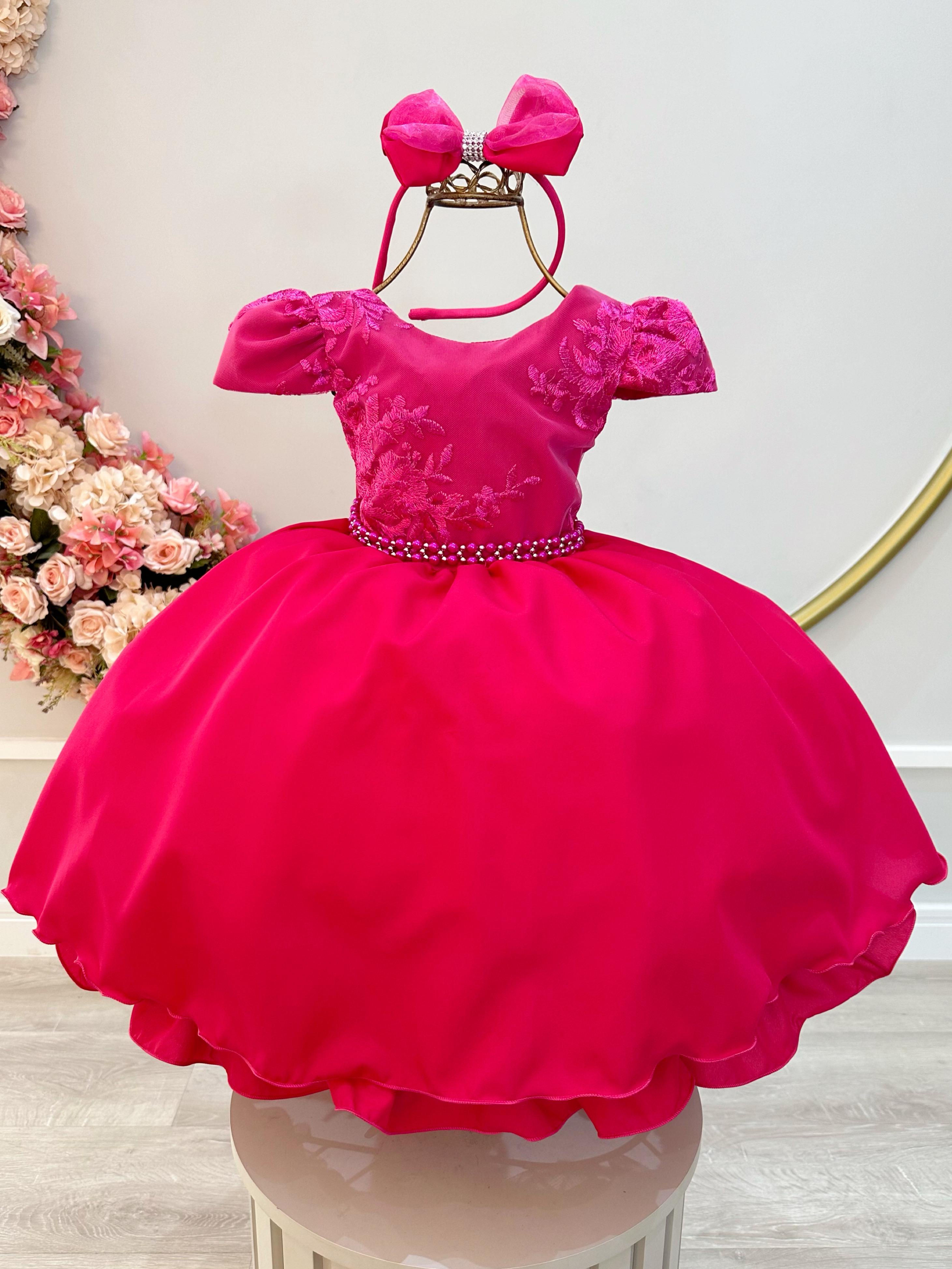 Vestido Infantil Pink C/ Renda e Cinto de Pérolas Tiara