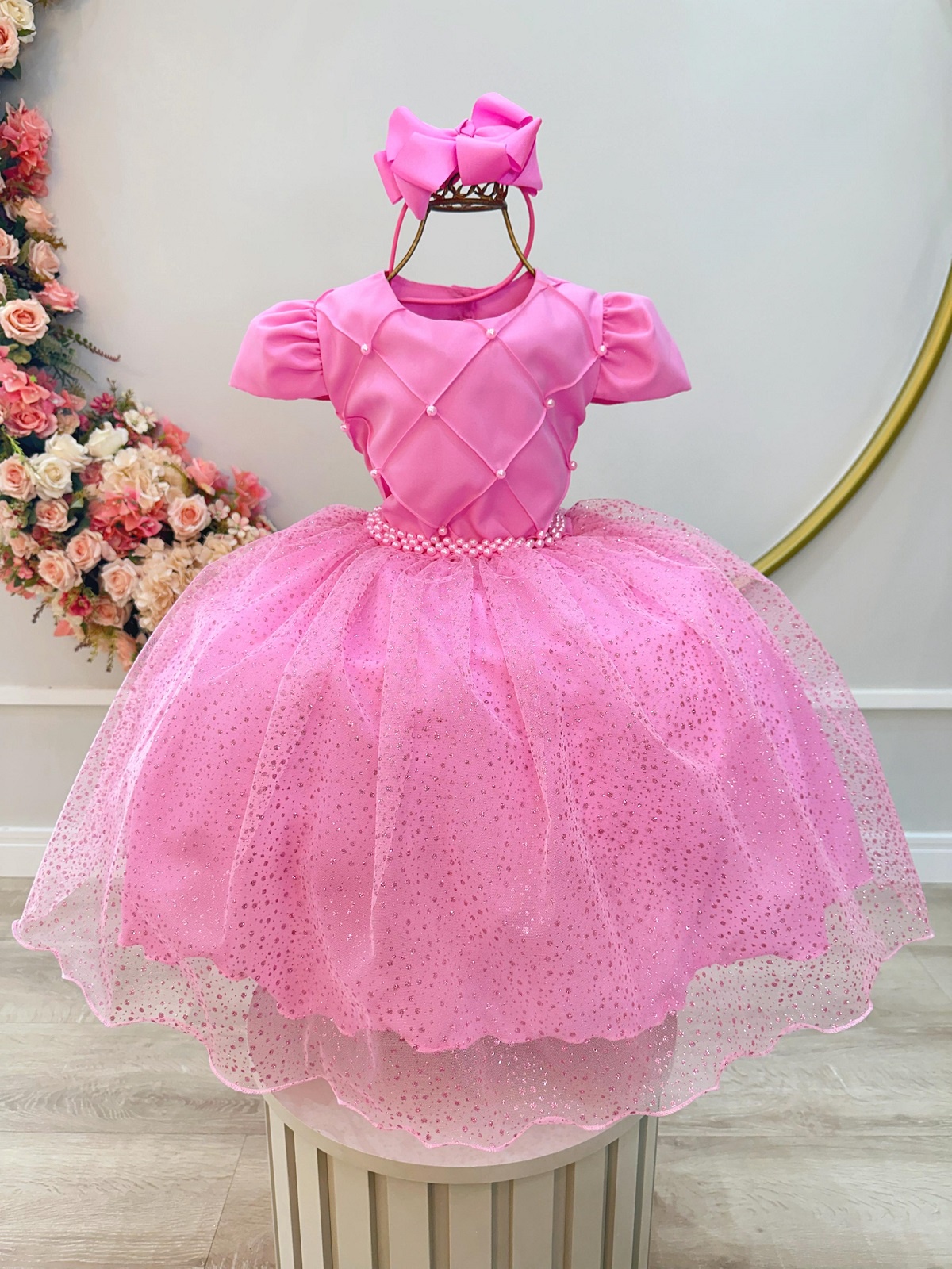 Vestido Infantil Rosa Chiclete Busto Nervura Saia C/ Glitter