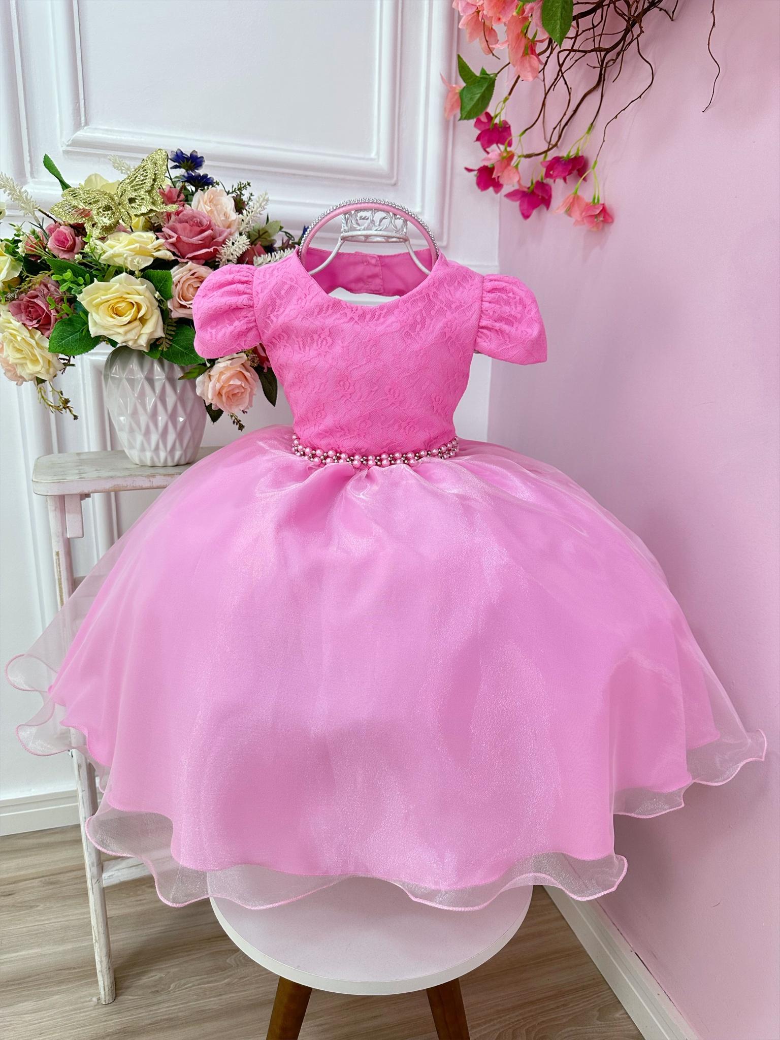 Vestido Infantil Rosa Chiclete Renda Damas C/ Pérolas e Tiara