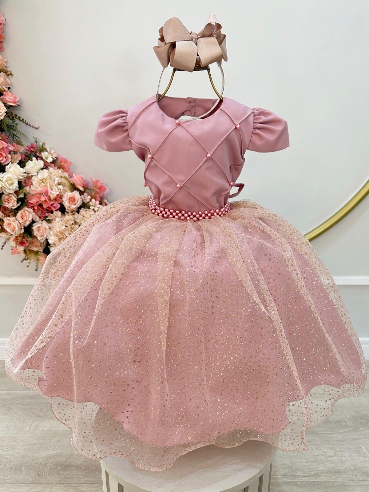 Vestido Infantil Rose Busto Nervura Saia C/ Glitter Festas