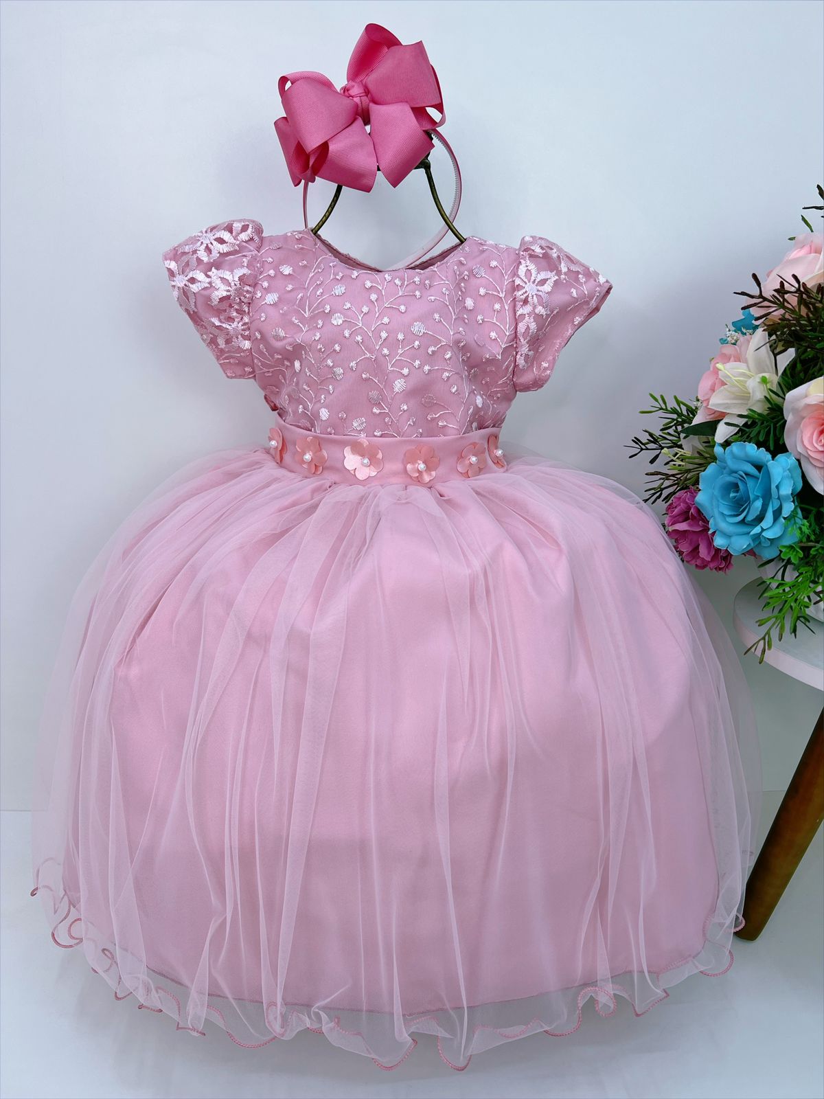 Vestido Infantil Rose C/ Renda e Apliques Flores Princesas