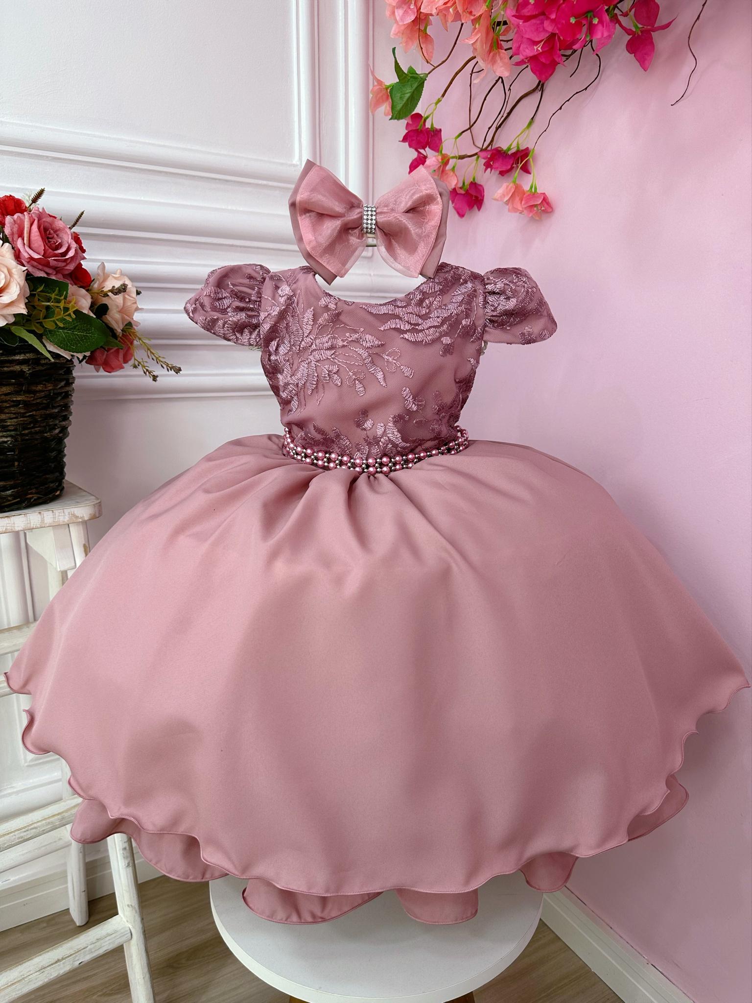 Vestido Infantil Rose Com Laço e Renda Cinto de Pérolas