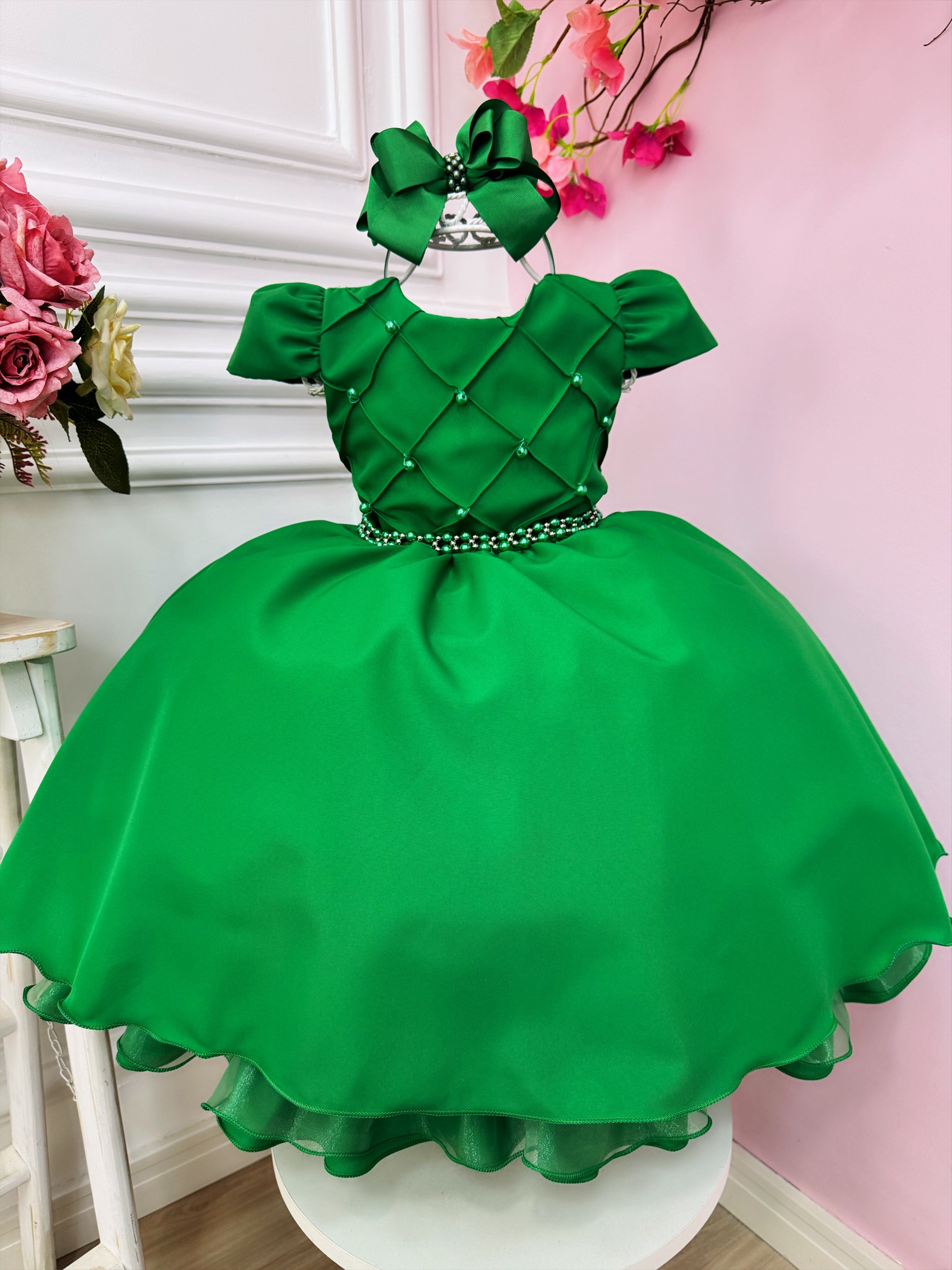 Vestido Infantil Verde Com Busto Nervura e Pérolas Luxo