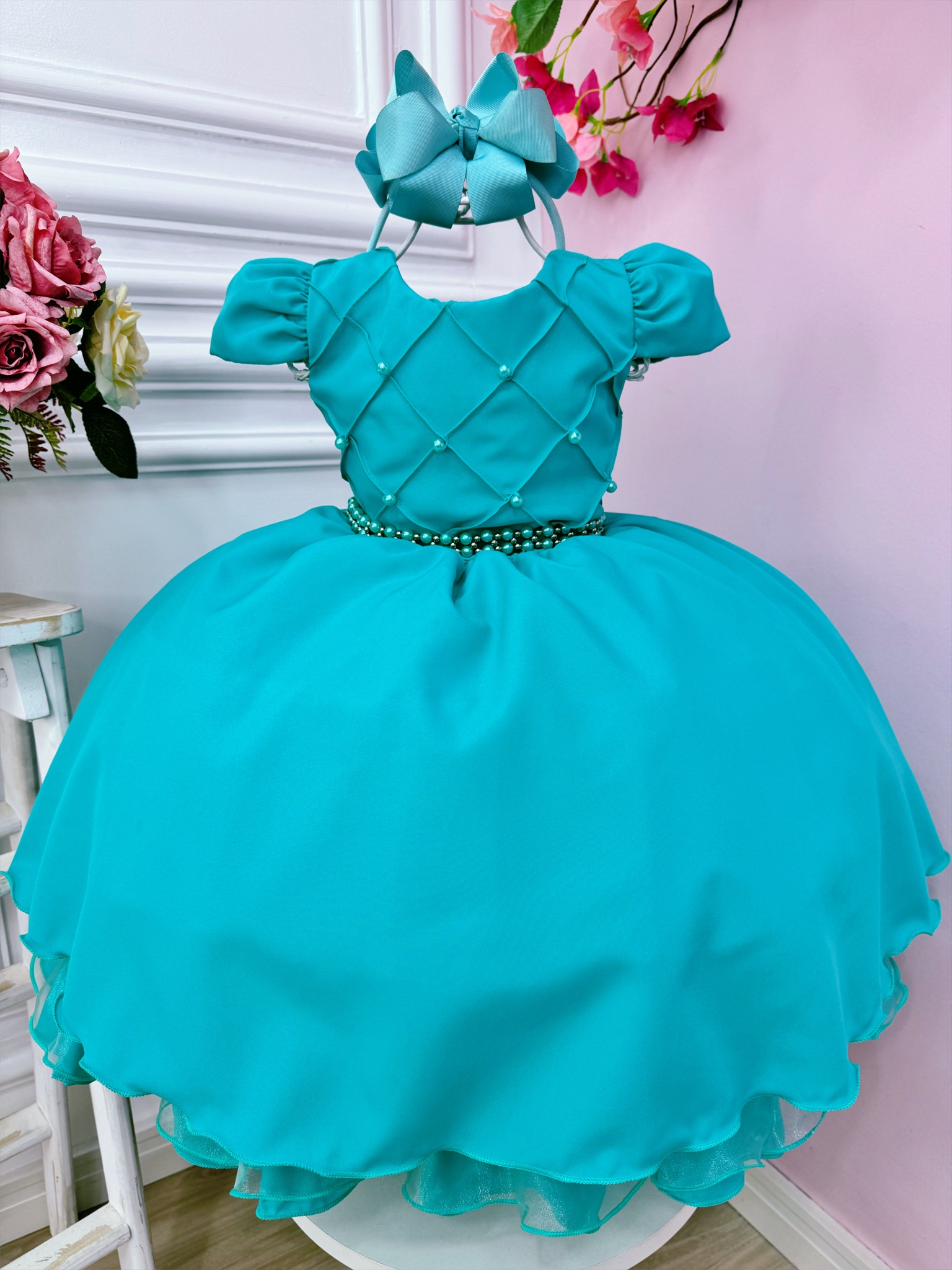 Vestido Infantil Verde Tiffany Busto Nervura C/ Pérolas Luxo