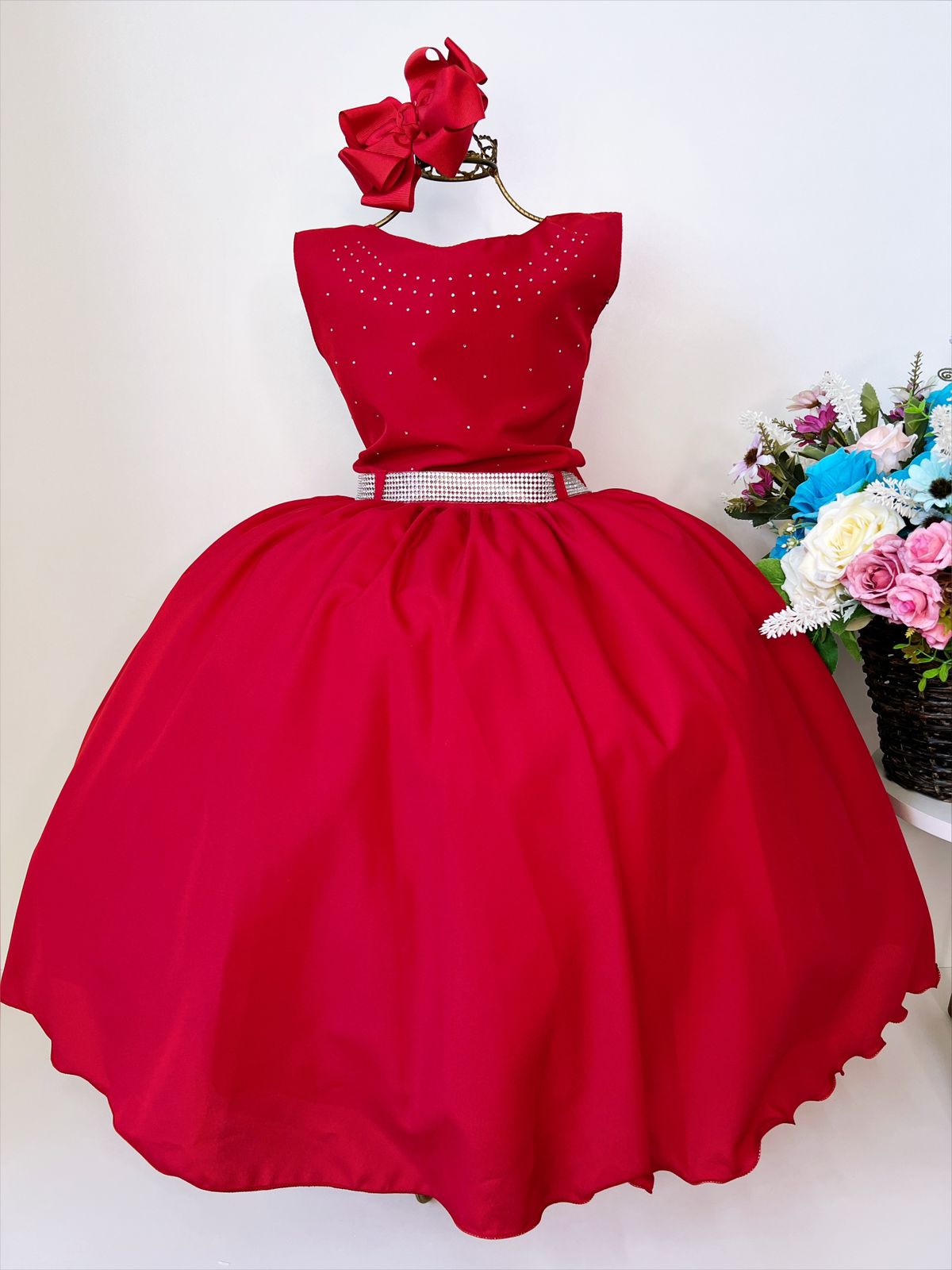 Vestido Infantil Vermelho C/ Peito e Cinto Strass Princesas