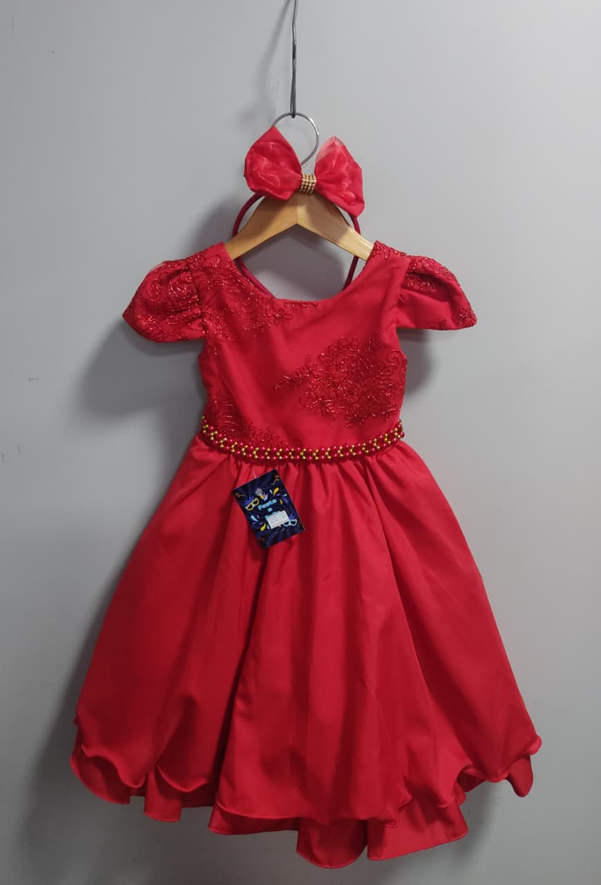 Vestido Infantil Vermelho Renda Metalizada C/ Tiara Daminhas
