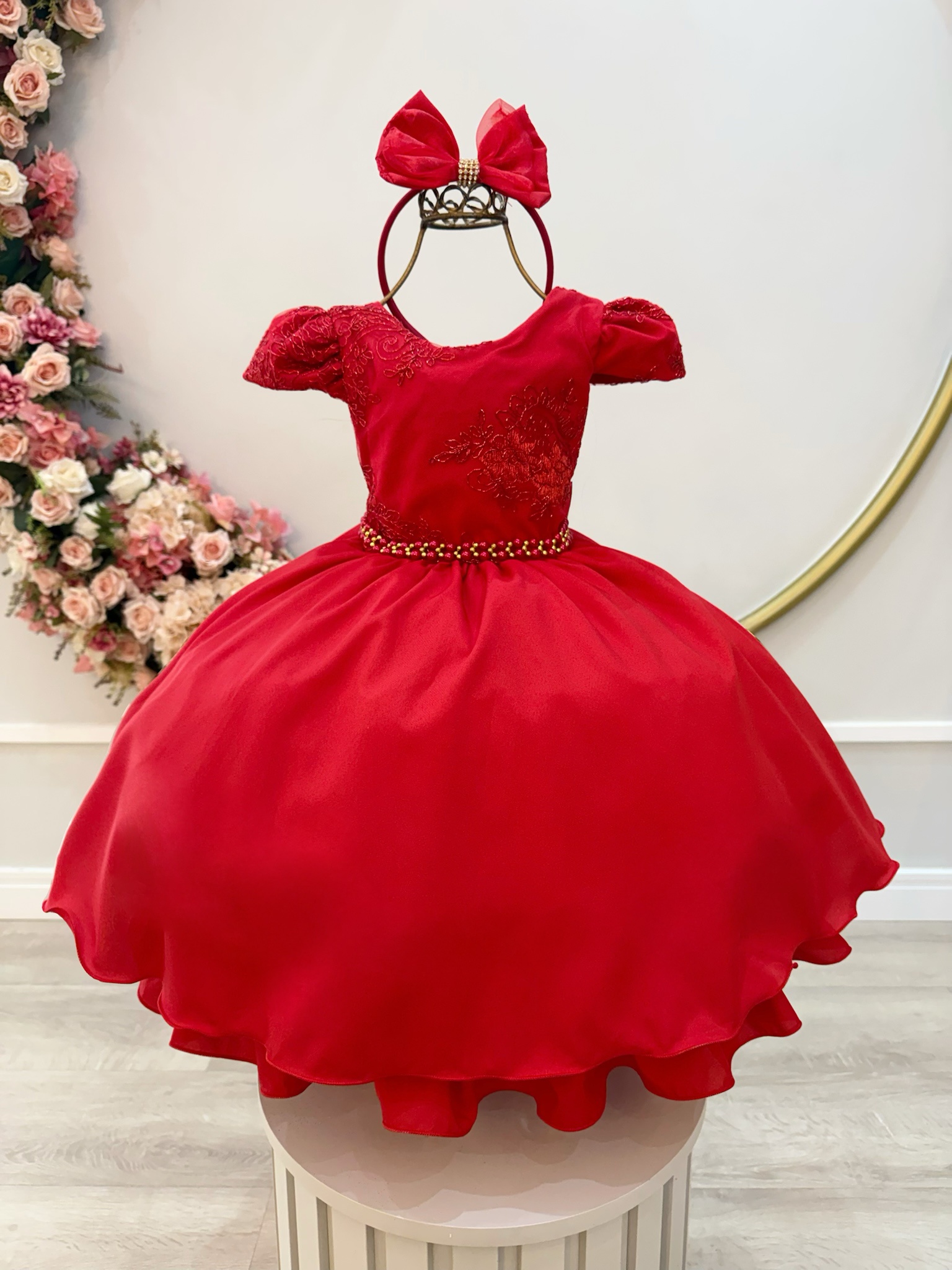 Vestido Infantil Vermelho Renda Metalizada C/ Tiara Daminhas