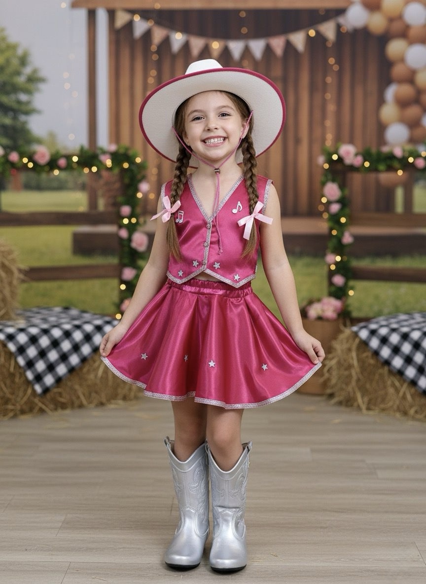 Conjunto Infantil Boiadeira Colete Saia Country Pink Festa