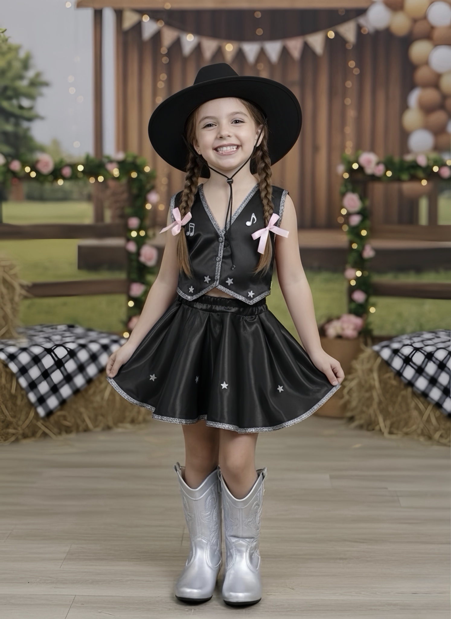 Conjunto Infantil Boiadeira Colete Saia Country Preto Festa