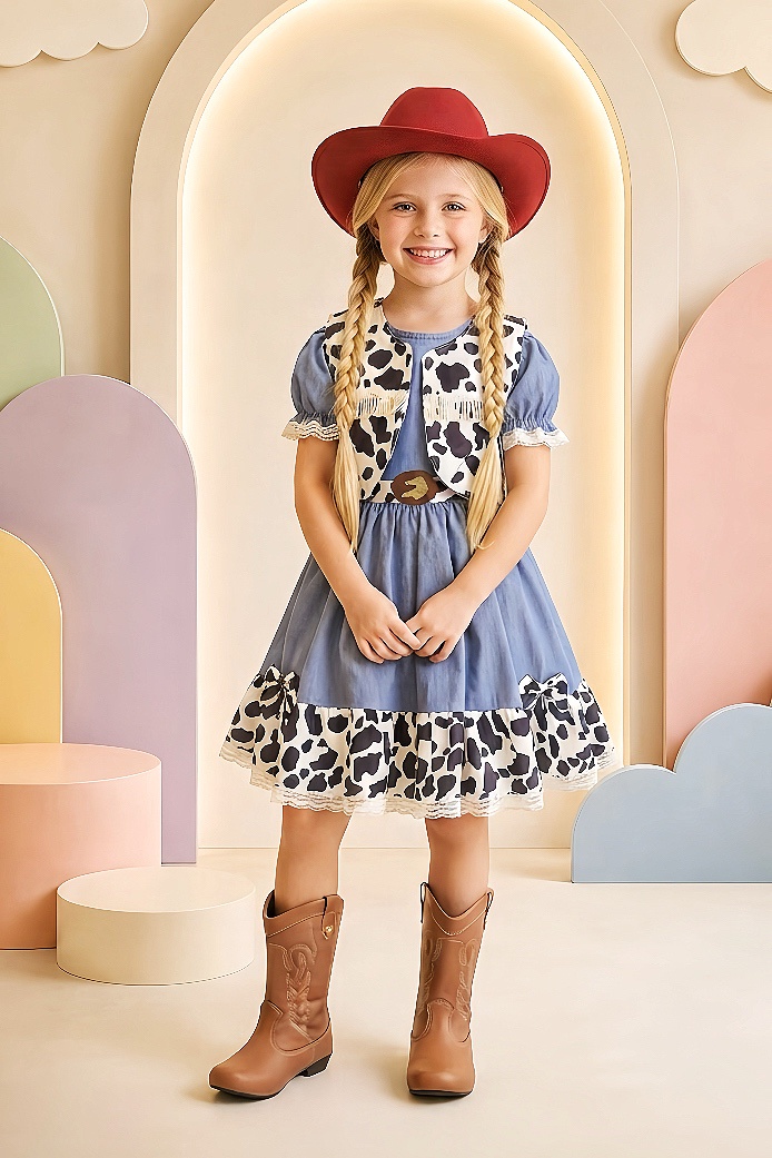Conjunto Vestido e Colete Infantil Fazendinha Vaquinha Boiadeira Laço