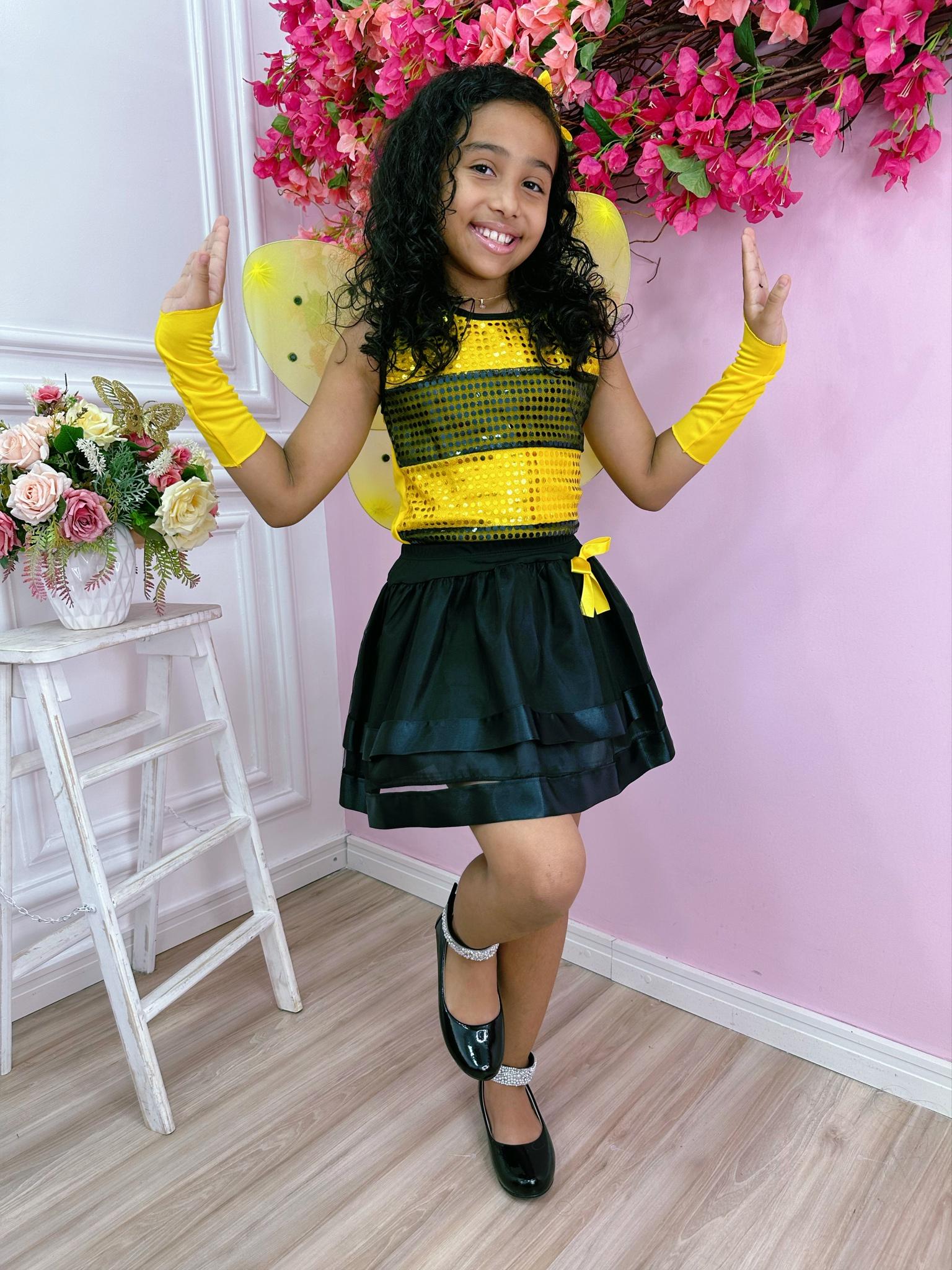 Fantasia Infantil Abelhinha Blusa Saia Tiara e Luva Amarelo