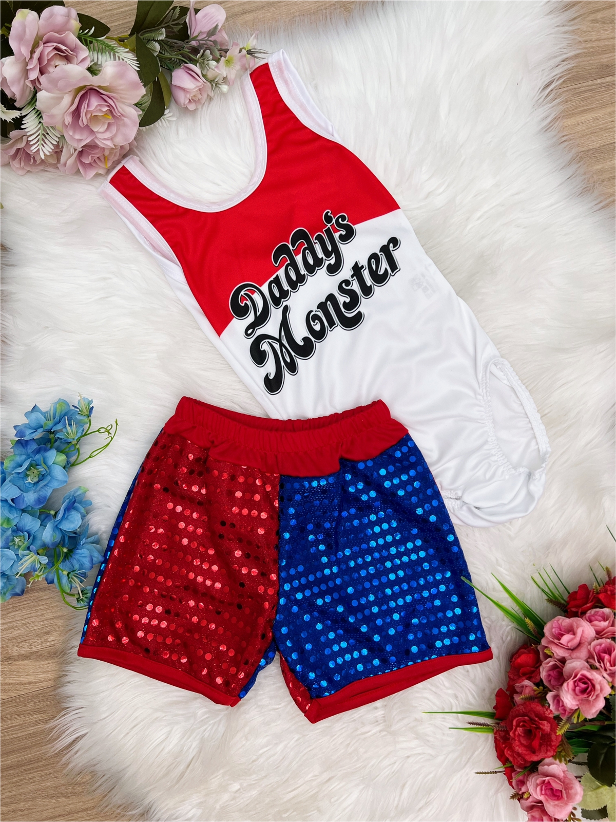 Fantasia Infantil Arlequina Brilho Body e Shorts