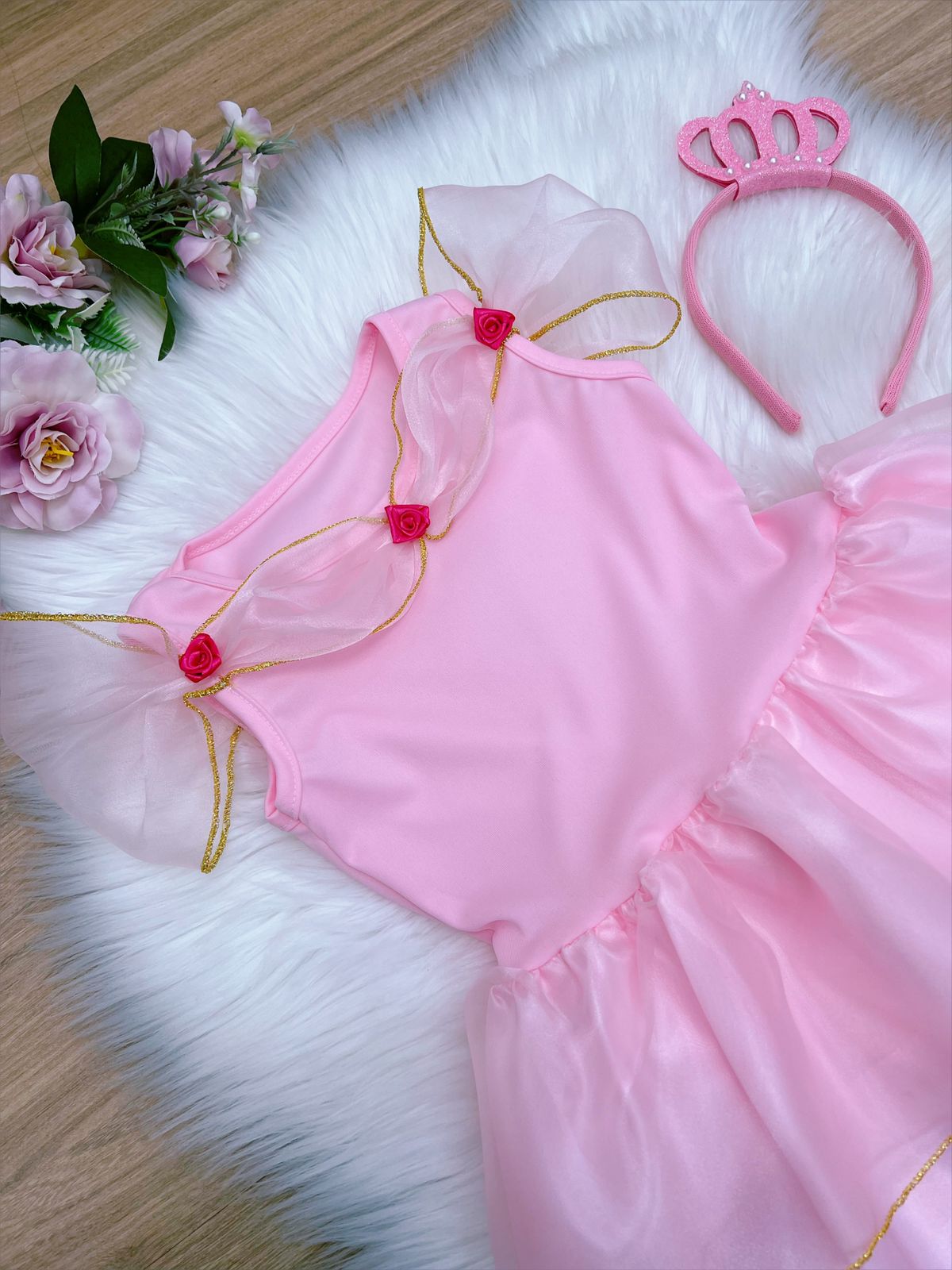 Fantasia Princesa Aurora Bela Adormecida Infantil de Luxo C/Tiara