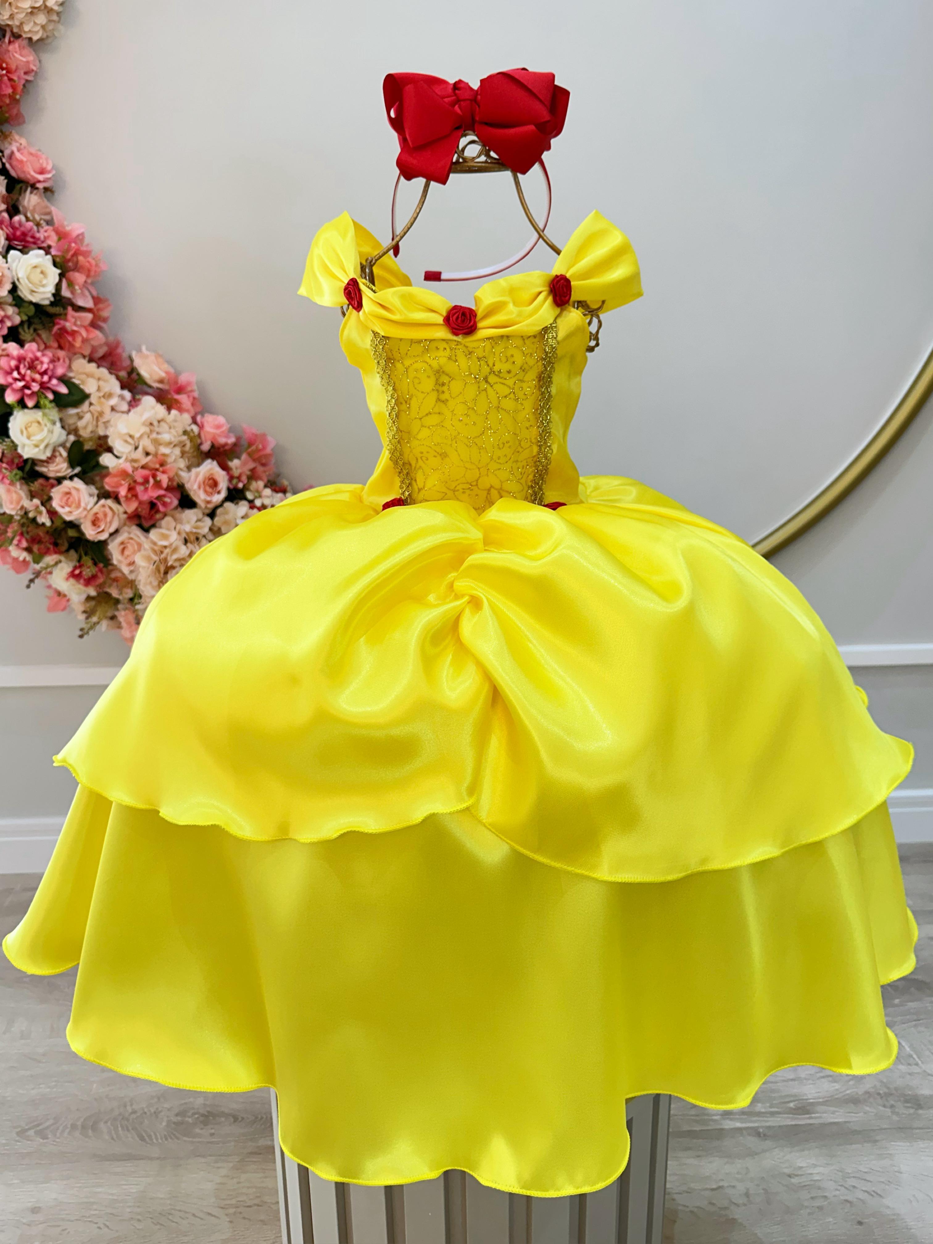 Fantasia Infantil Bela e a Fera Amarelo Ouro Renda Dourada