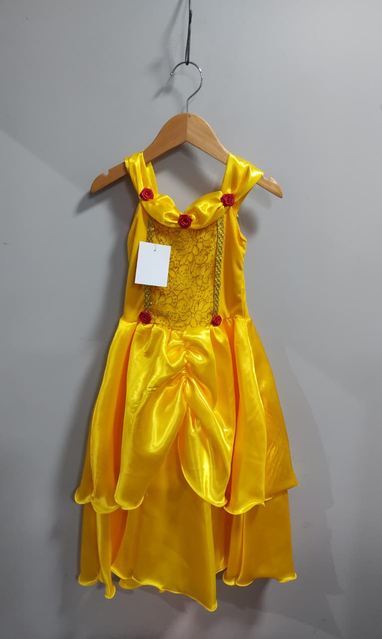 Fantasia Infantil Bela e a Fera Amarelo Ouro Renda Dourada