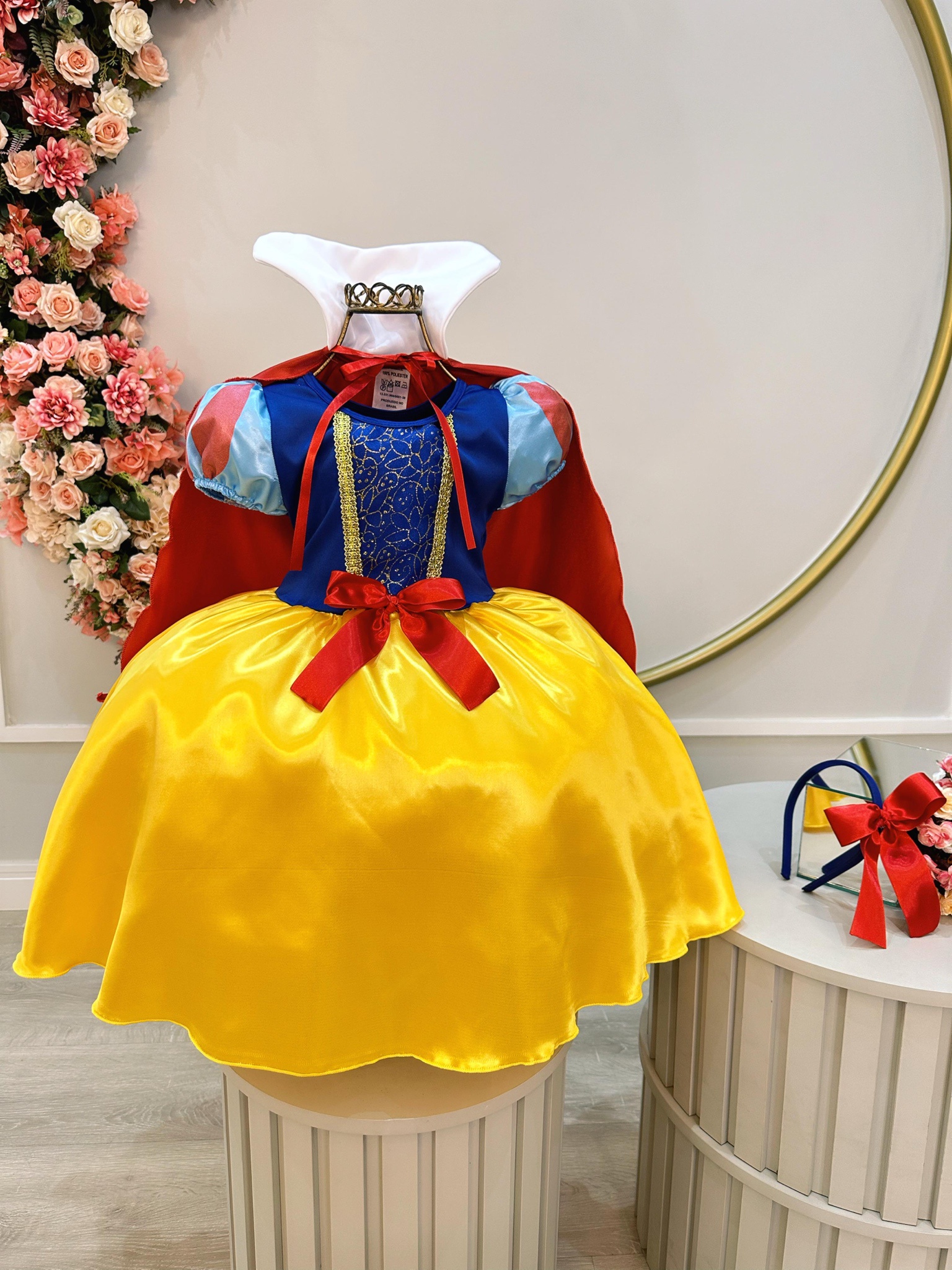 Fantasia Infantil Branca de Neve Amarelo Ouro Capa Tiara