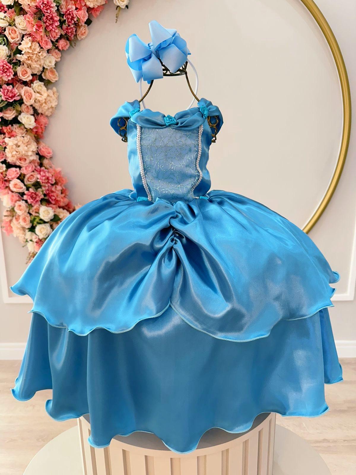 Fantasia Infantil Frozen Cinderela Azul Serenity Tule Brilho