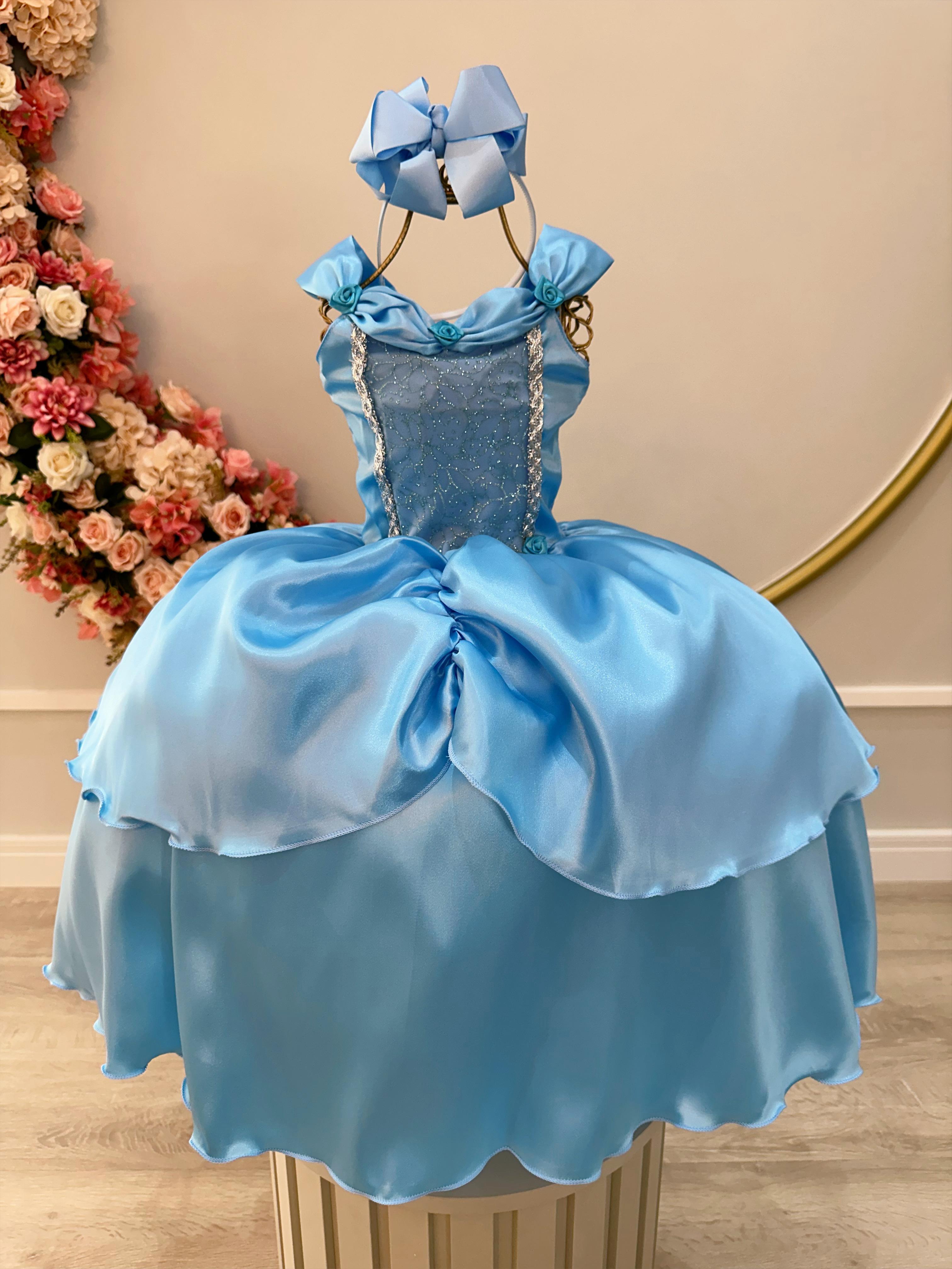 Fantasia Infantil Frozen Cinderela Tule Brilho Azul Serenity