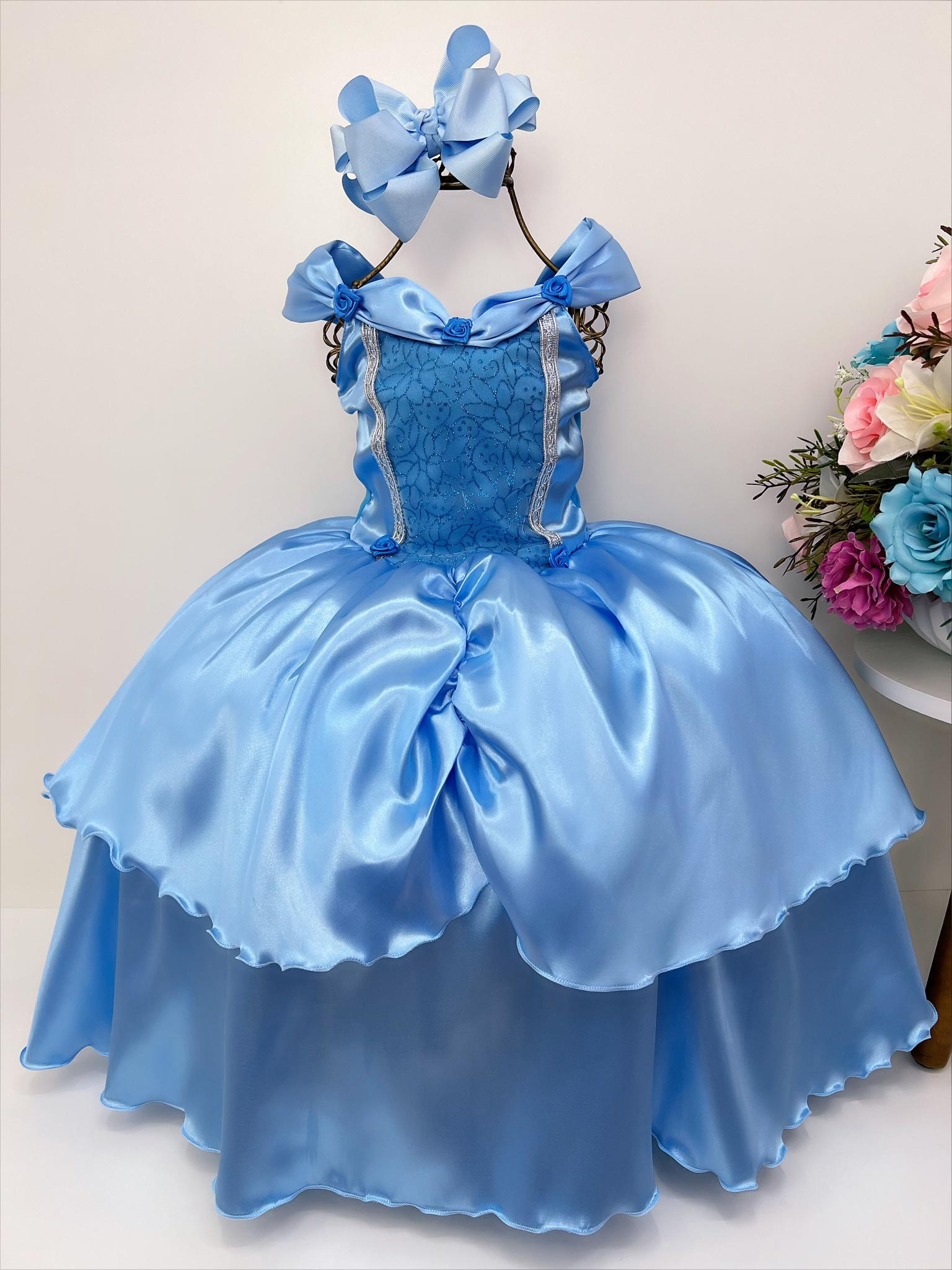 Fantasia Infantil Frozen e Cinderela Azul Renda Brilho