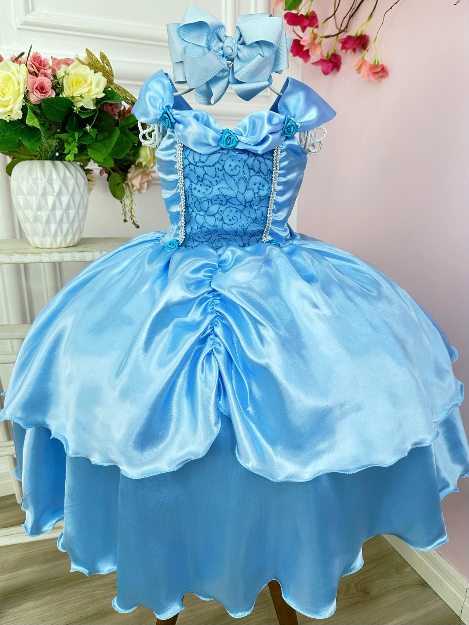 Fantasia Infantil Frozen e Cinderela C/ Renda Azul Strass