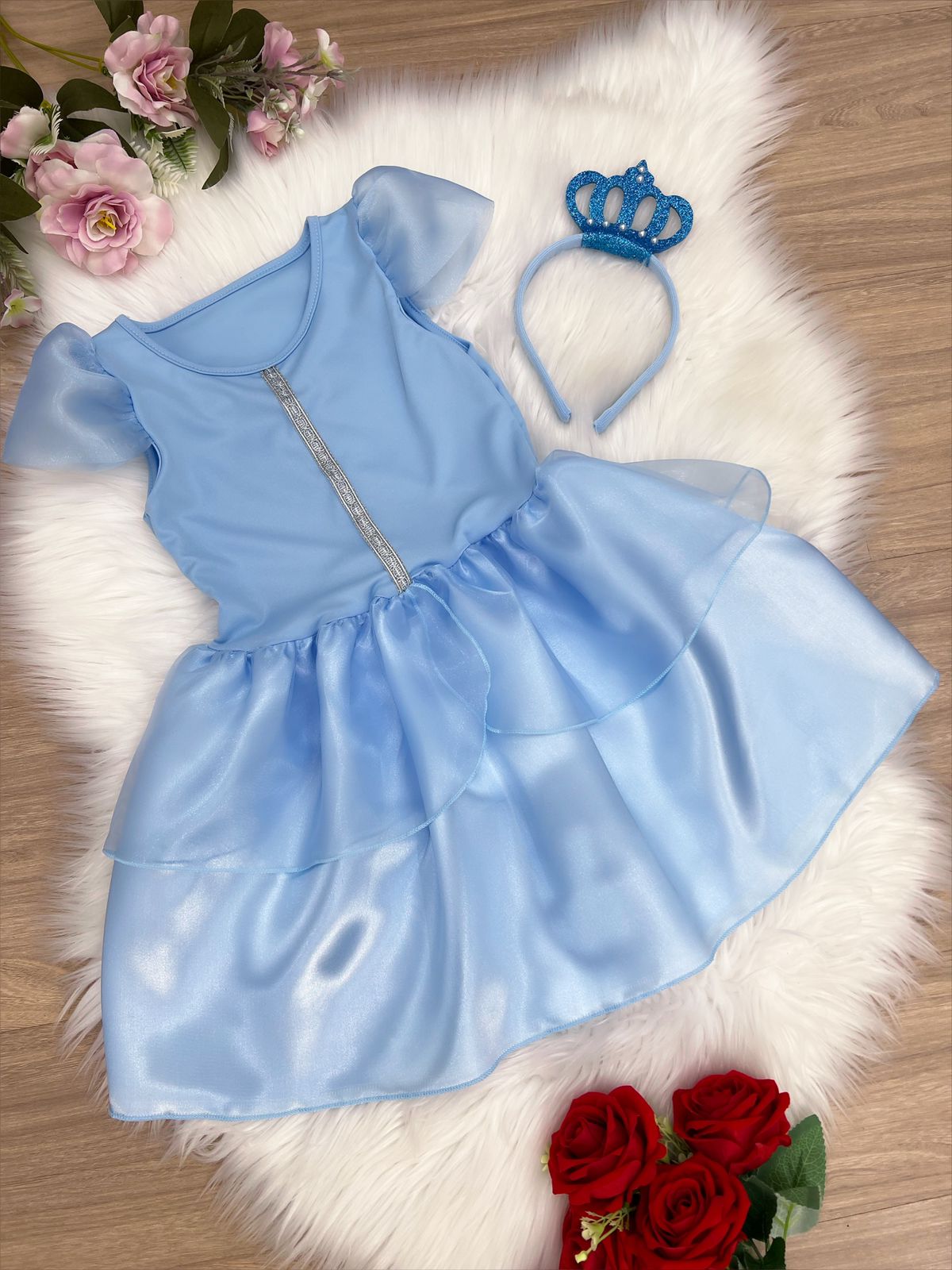 Vestido Fantasia Infantil Princesa Cinderela + Luvas + Coroa