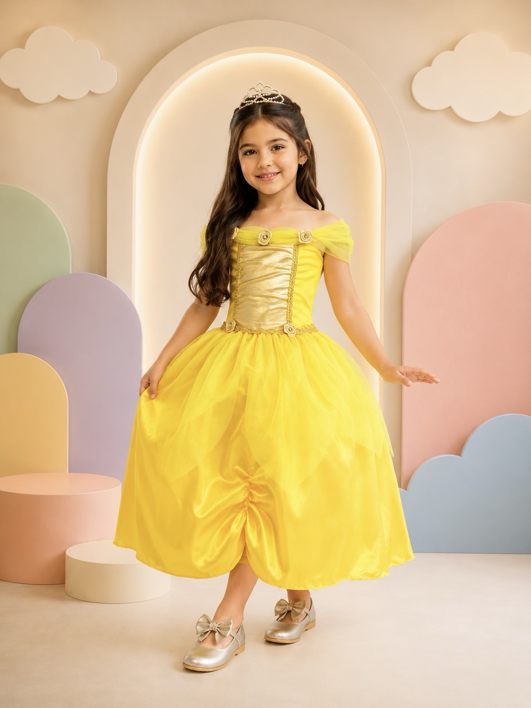 Fantasia Infantil Princesa Bela e a Fera Aurora Com Luvas