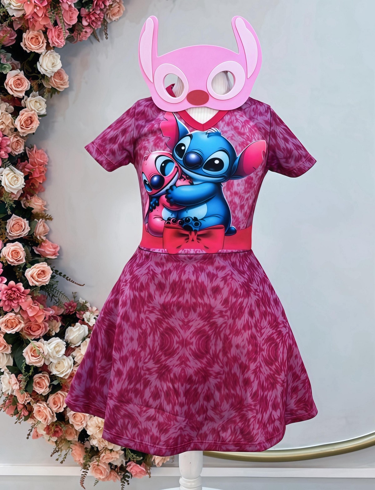 Fantasia Infantil Temática da Angel Stitch Lilo Pink C/ Máscara