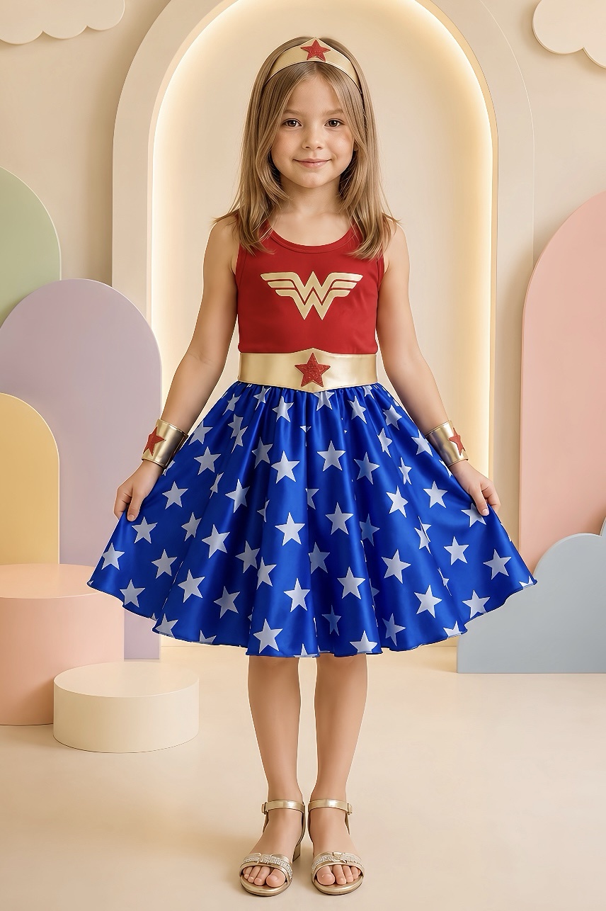 Fantasia Infantil Temática da Mulher Maravilha C/ Acessórios