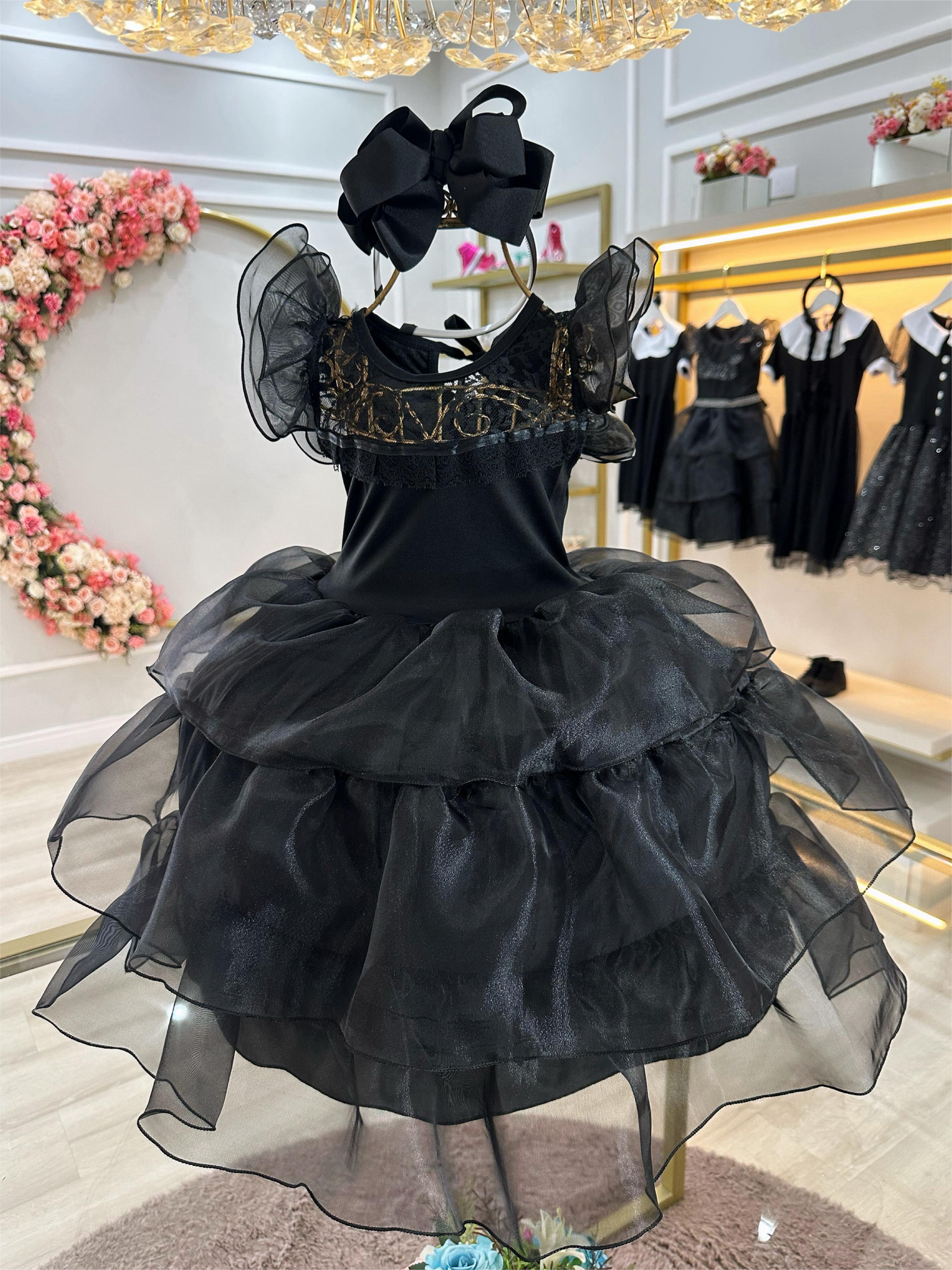 Fantasia Wandinha Infantil Preto Com Babados Luxo