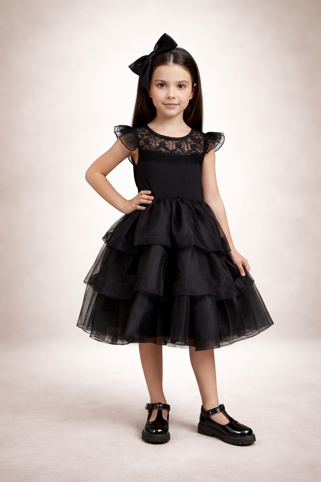 Fantasia Wandinha Infantil Preto Com Babados Luxo