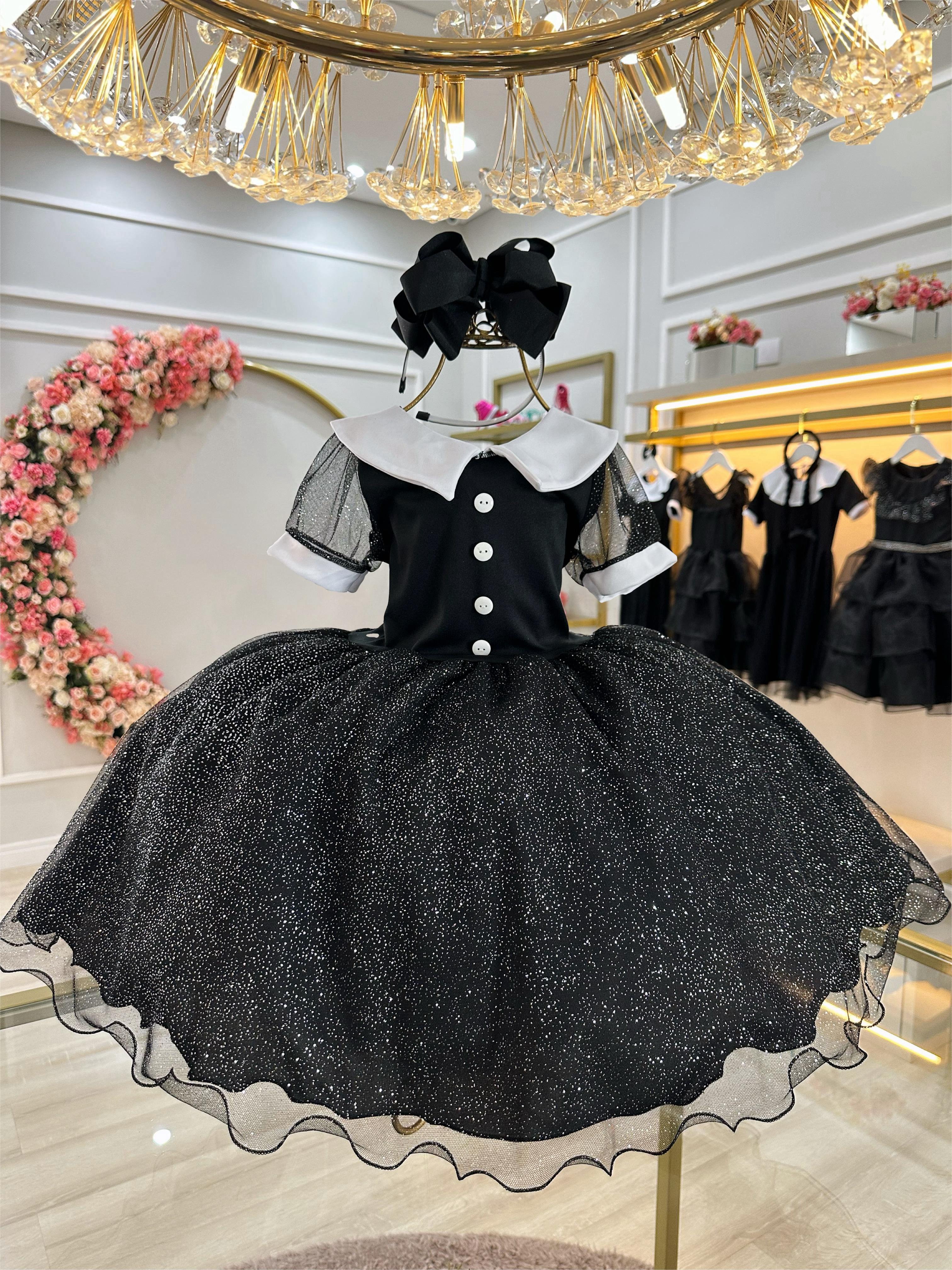 Fantasia Wandinha Infantil Preto Gola Branca C/ Glitter