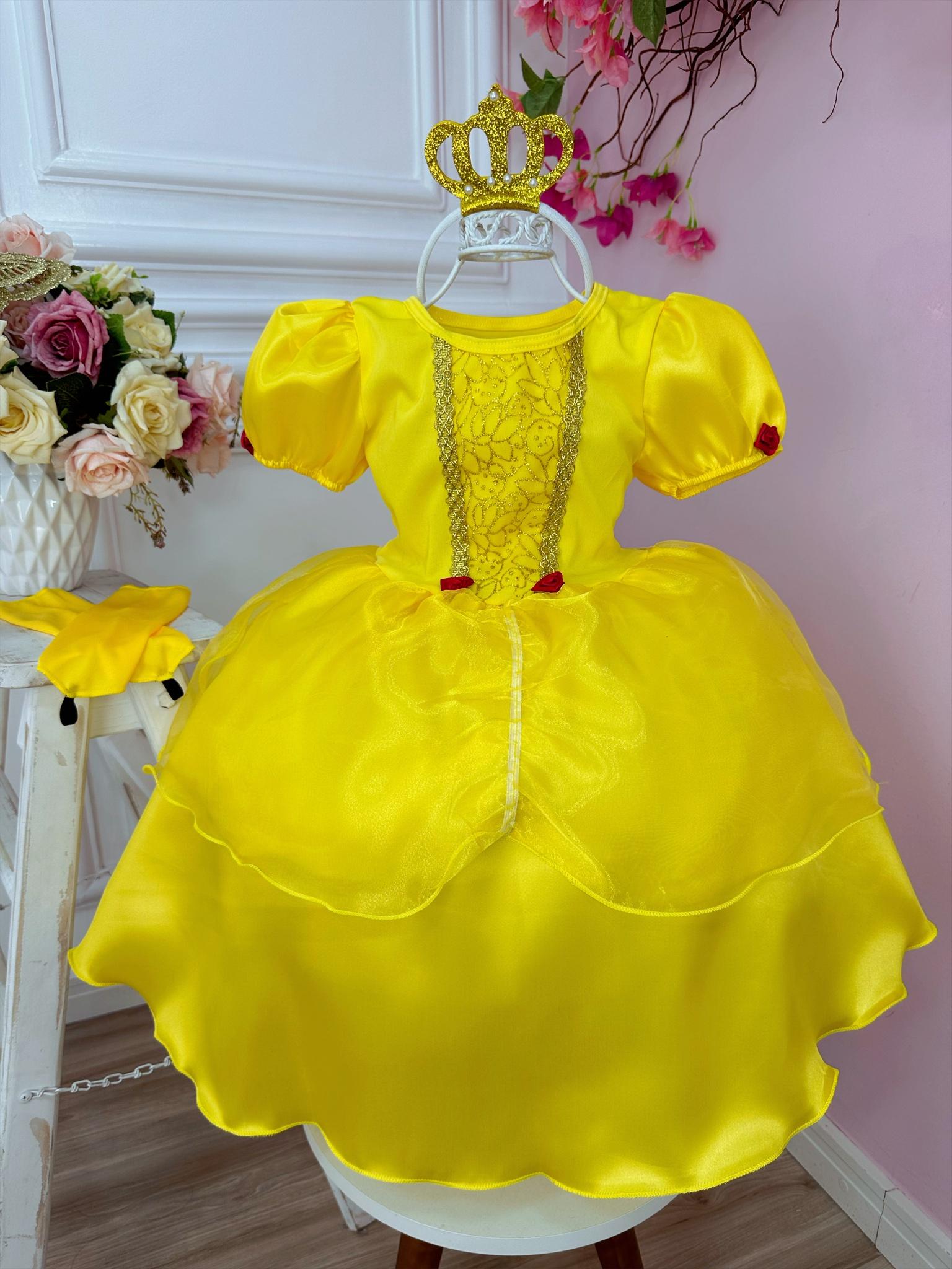 Kit Princesa Fantasia Bela e a Fera Amarelo C/ Luva e Tiara