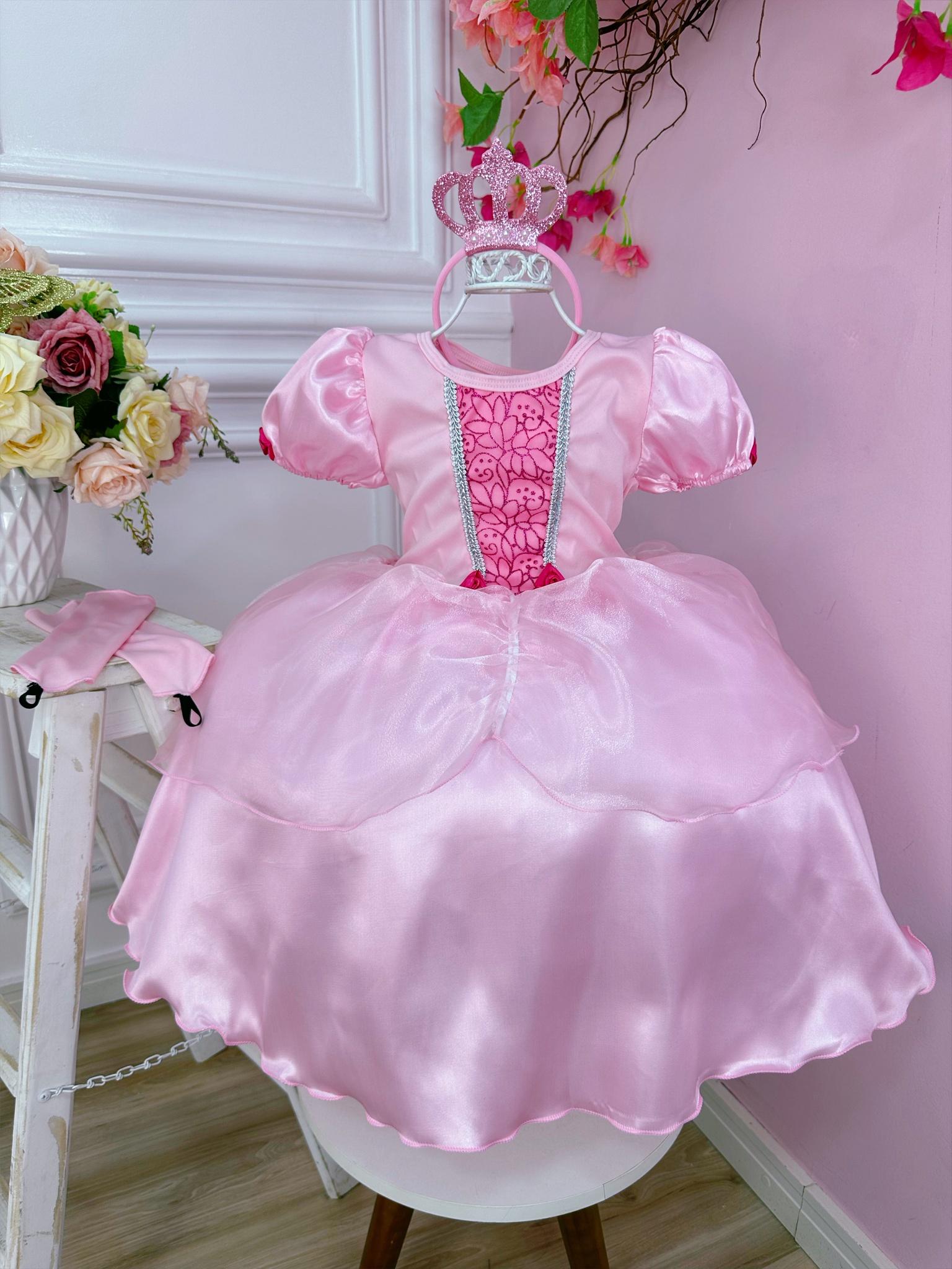 Kit Princesa Fantasia Infantil Aurora Com Luva e Tiara Festa