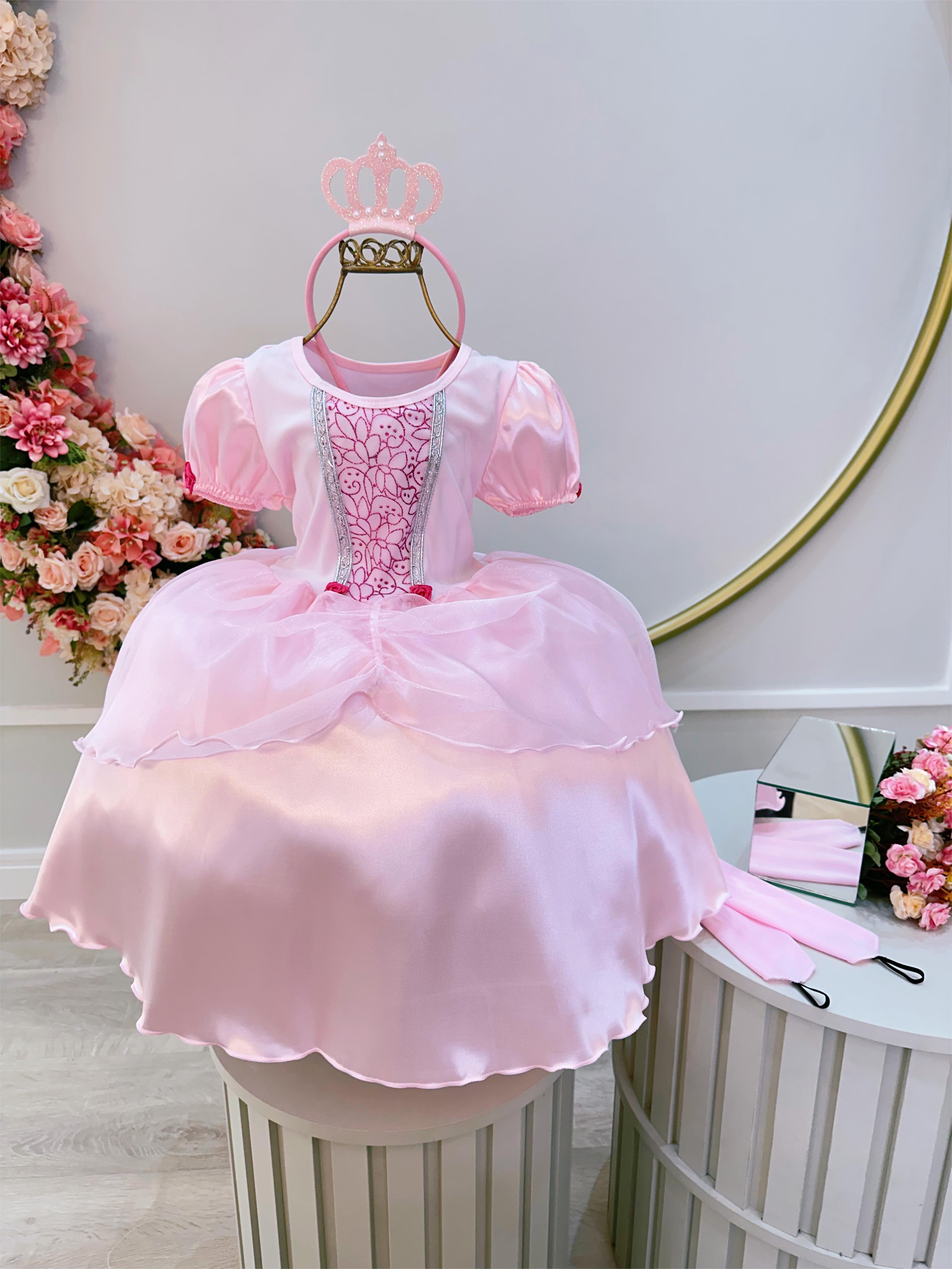 Kit Princesa Fantasia Infantil Aurora Com Luva e Tiara Luxo