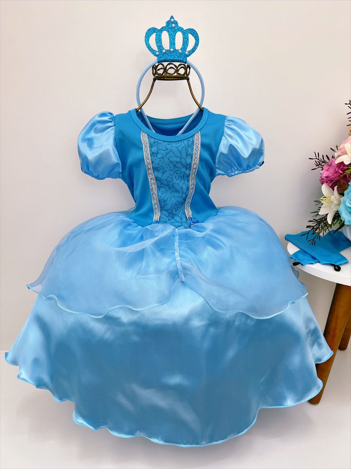 Kit Princesa Fantasia Infantil Frozen com Tiara e Luva Luxo