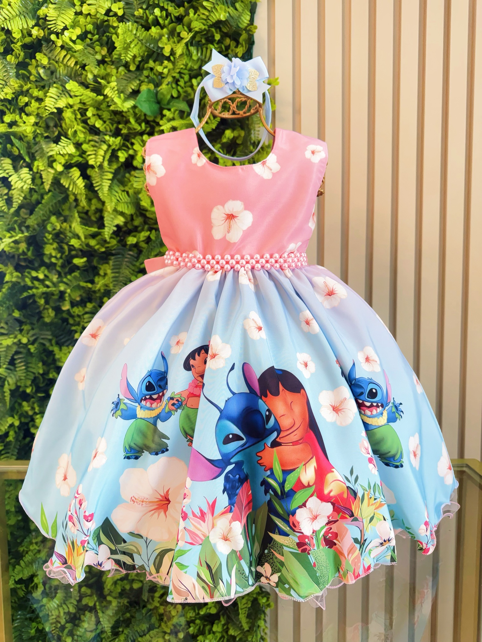 Vestido Bebê da Lilo e Stitch Rosa Florido Festas Luxo
