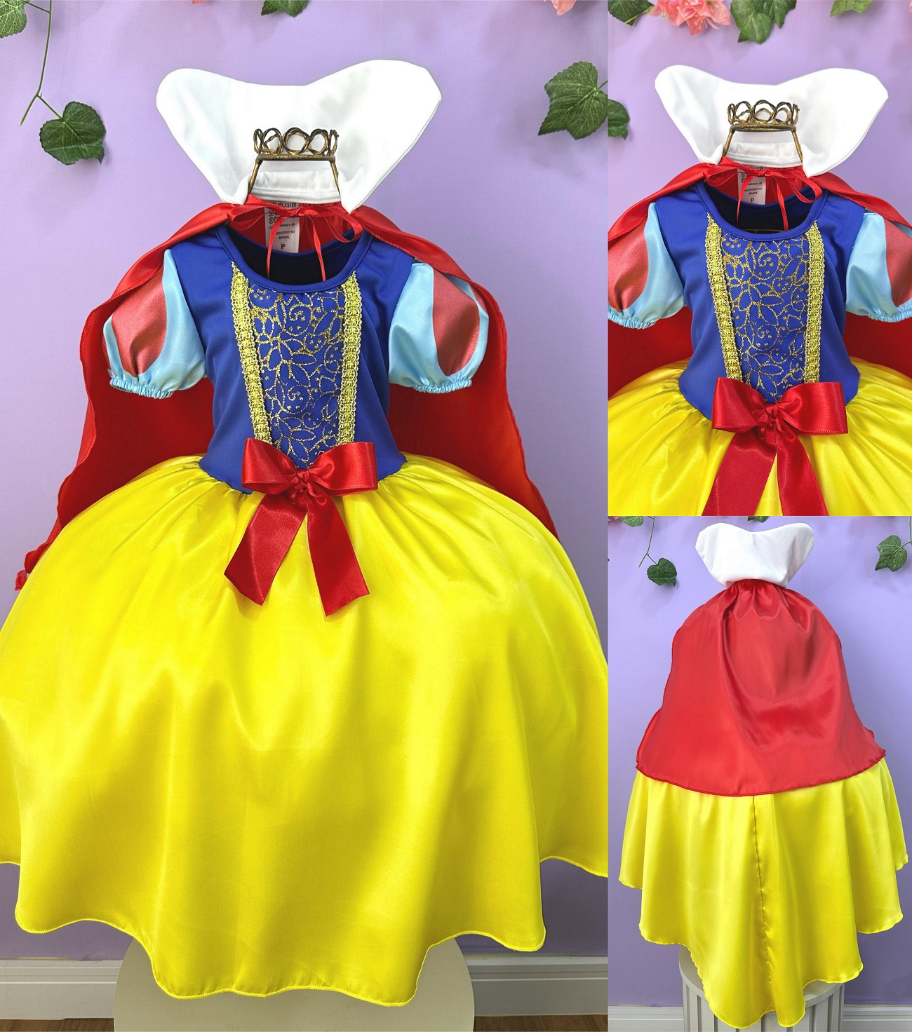 Vestido Fantasia Infantil Branca de Neve Amarelo Capa Tiara