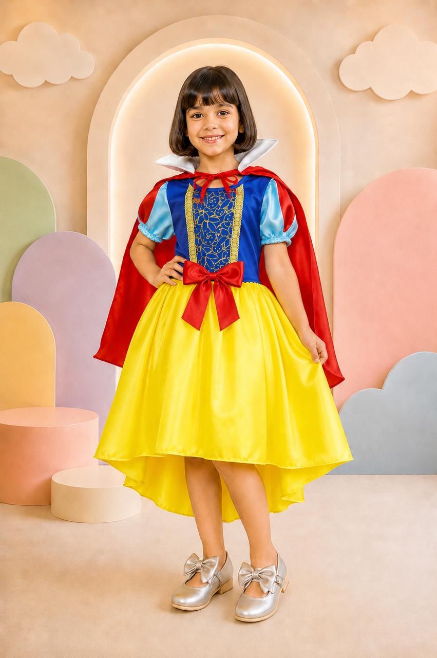Vestido Fantasia Infantil Branca de Neve Amarelo Capa Tiara