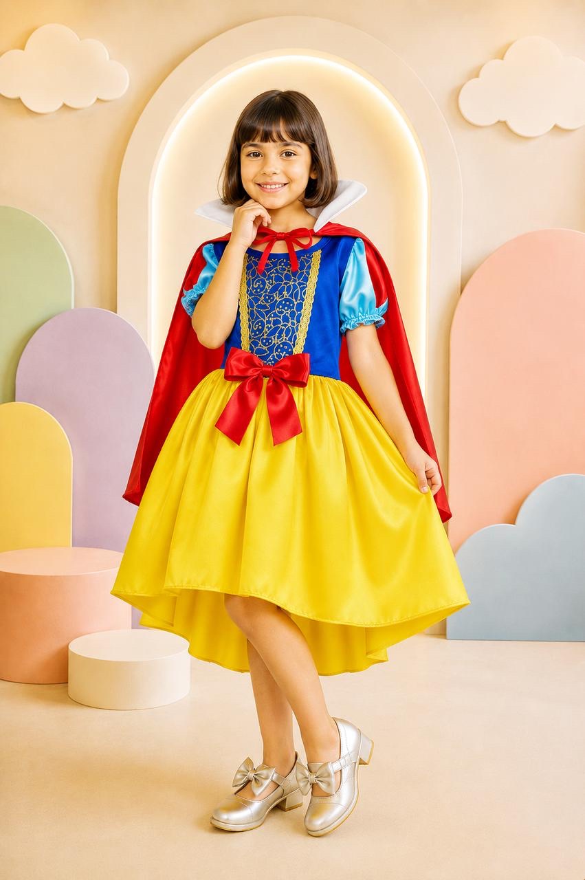 Vestido Fantasia Infantil Branca de Neve Amarelo Ouro Capa Tiara