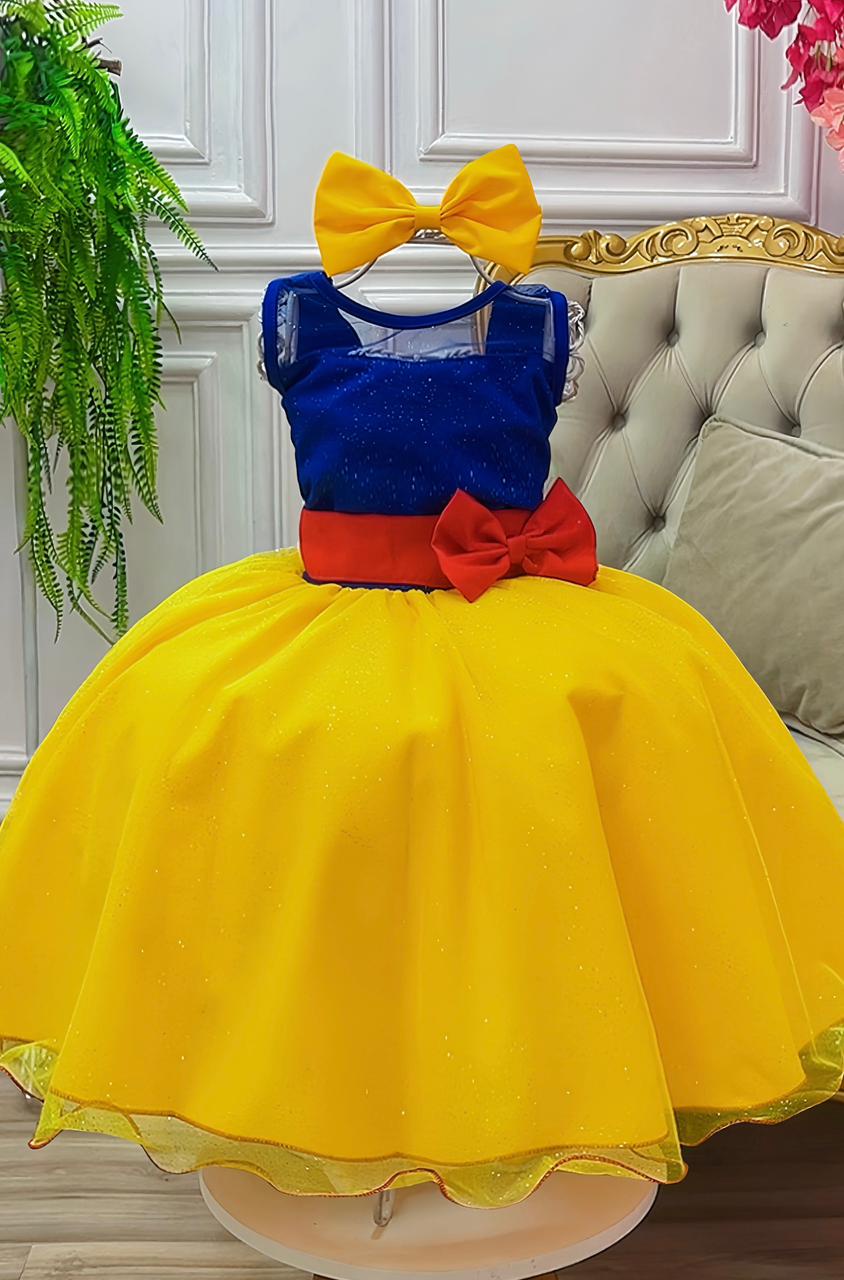 Vestido Fantasia Infantil Branca de Neve C/ Glitter e Capa