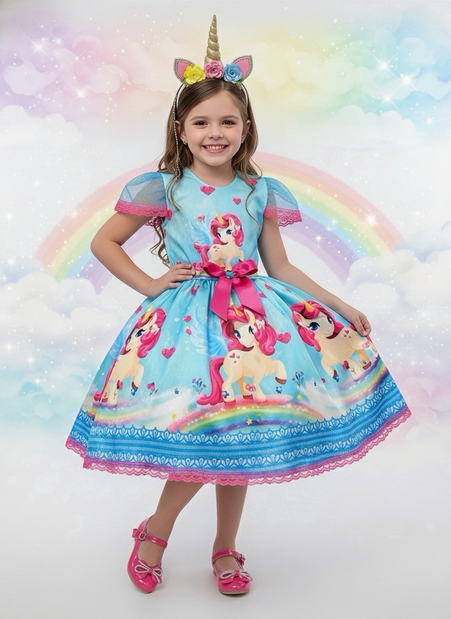 Vestido Fantasia Infantil Unicórnio Colorido Festas