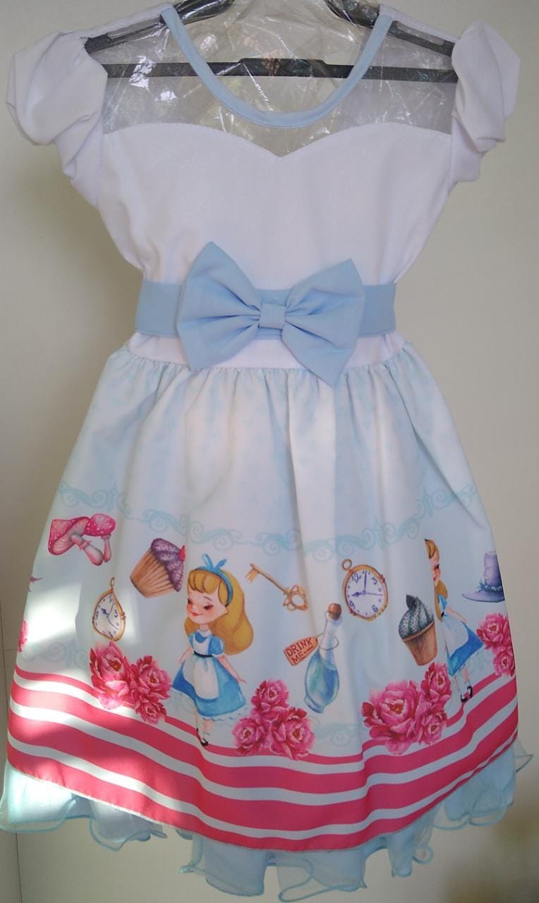 Vestido Infantil Alice no País das Maravilhas Azul e Branco
