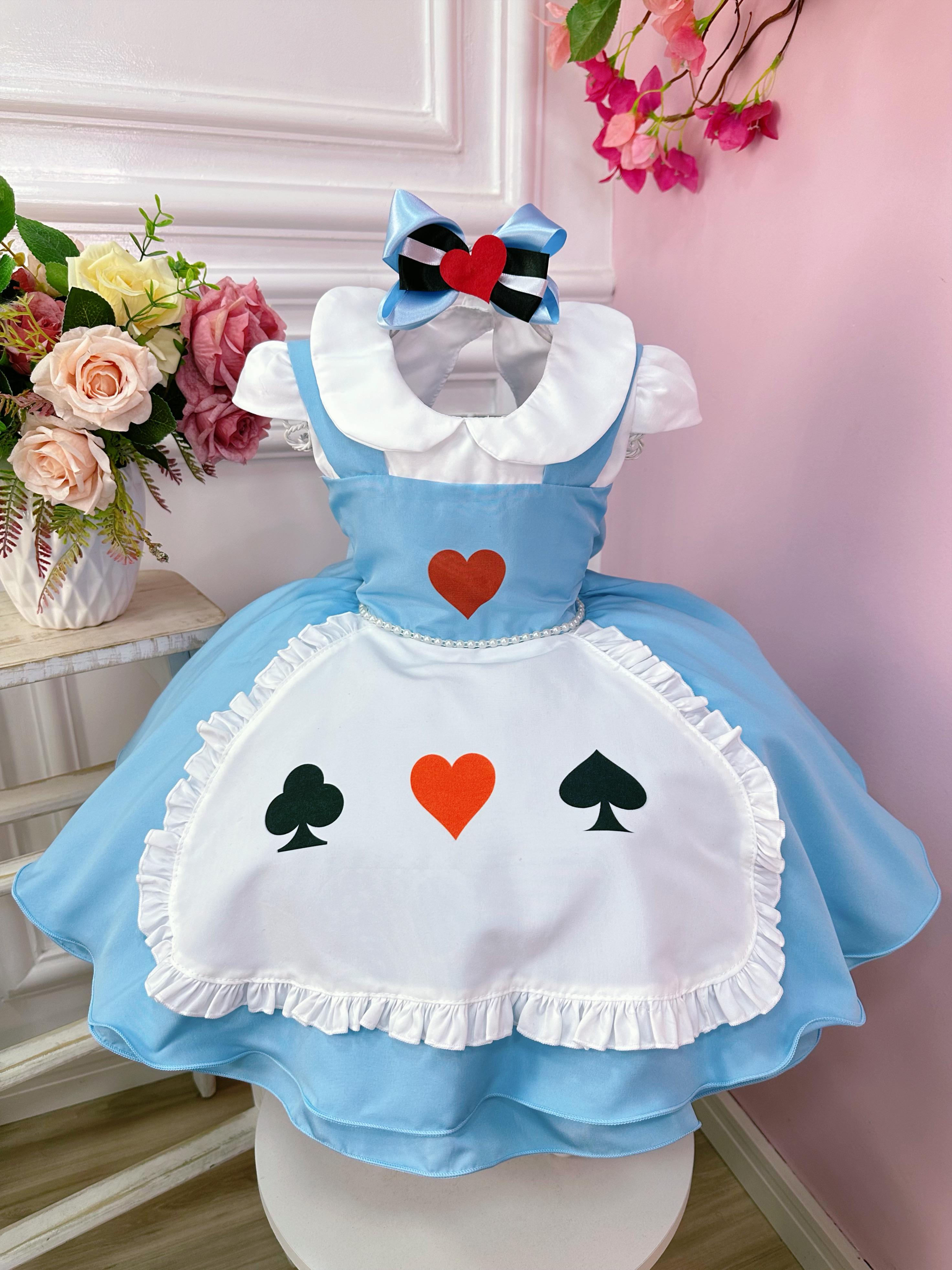 Vestido Infantil Alice no Pais das Maravilhas C/ Laço de Cabelo