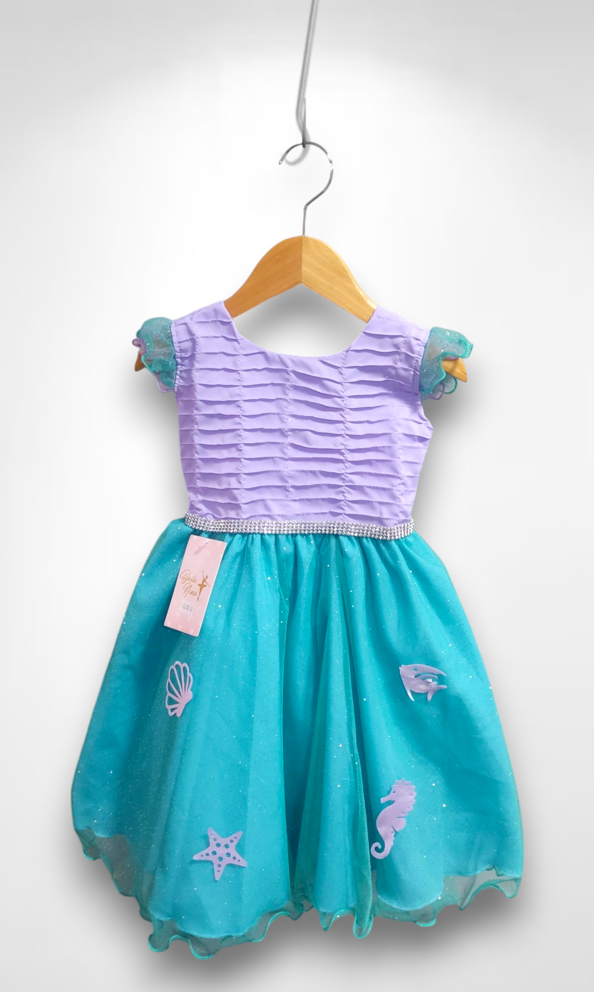 Vestido Infantil Ariel Apliques Fundo do Mar e Busto Plissado