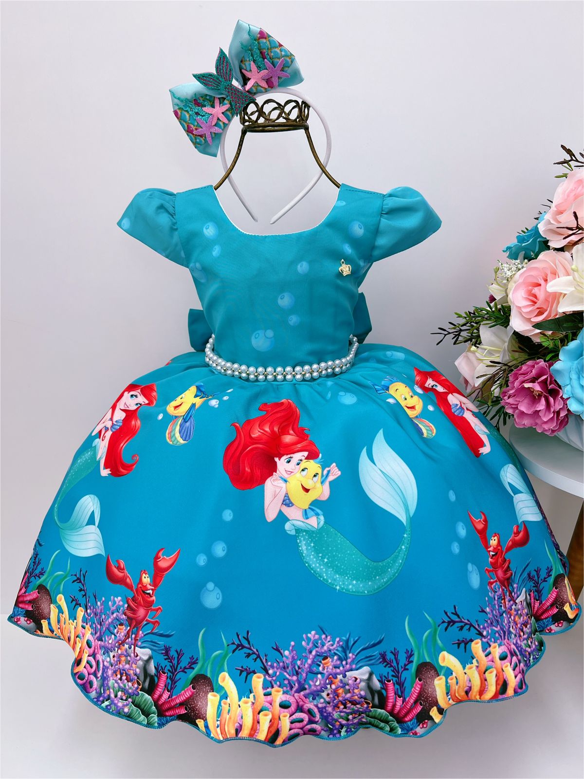 Vestido Infantil Sereia Fundo Mar Pérolas