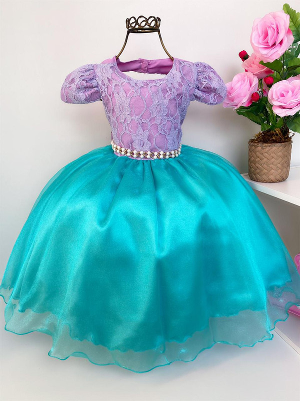 Vestido Infantil Ariel Princesa do Mar Lilás e Verde Renda