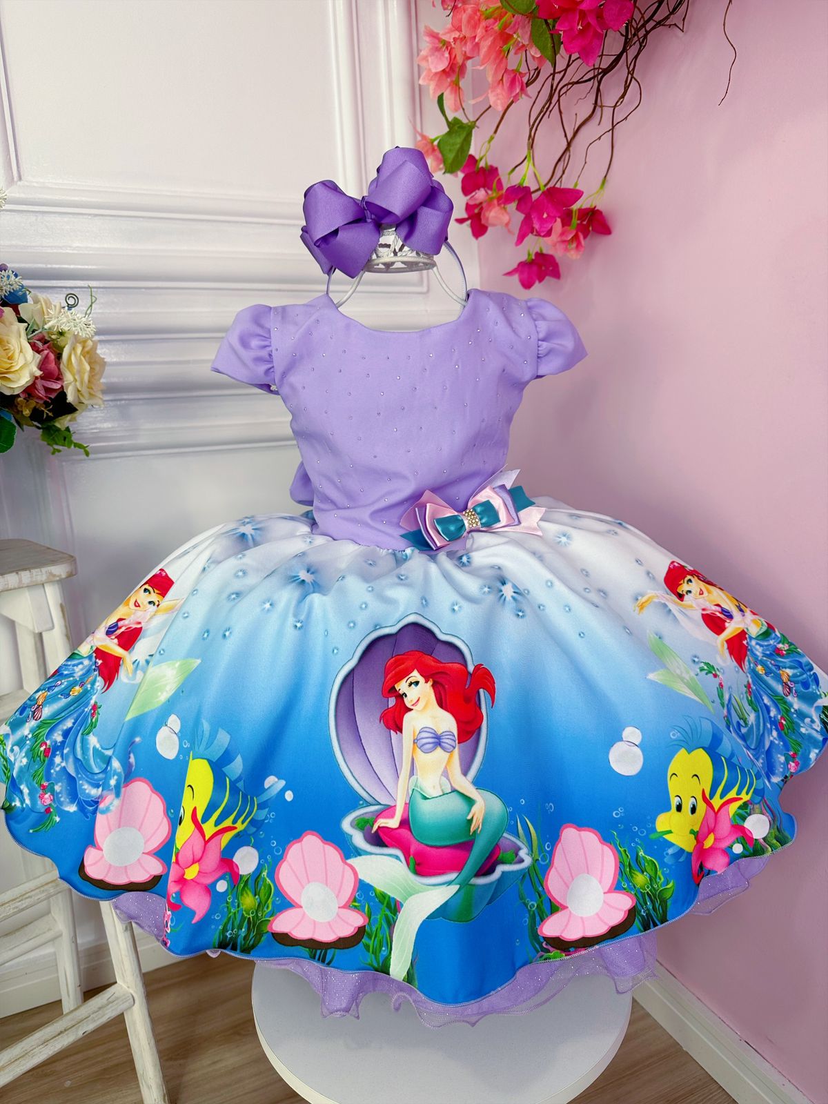 Vestido Infantil Ariel Princesas Peito Strass Aplique Laço