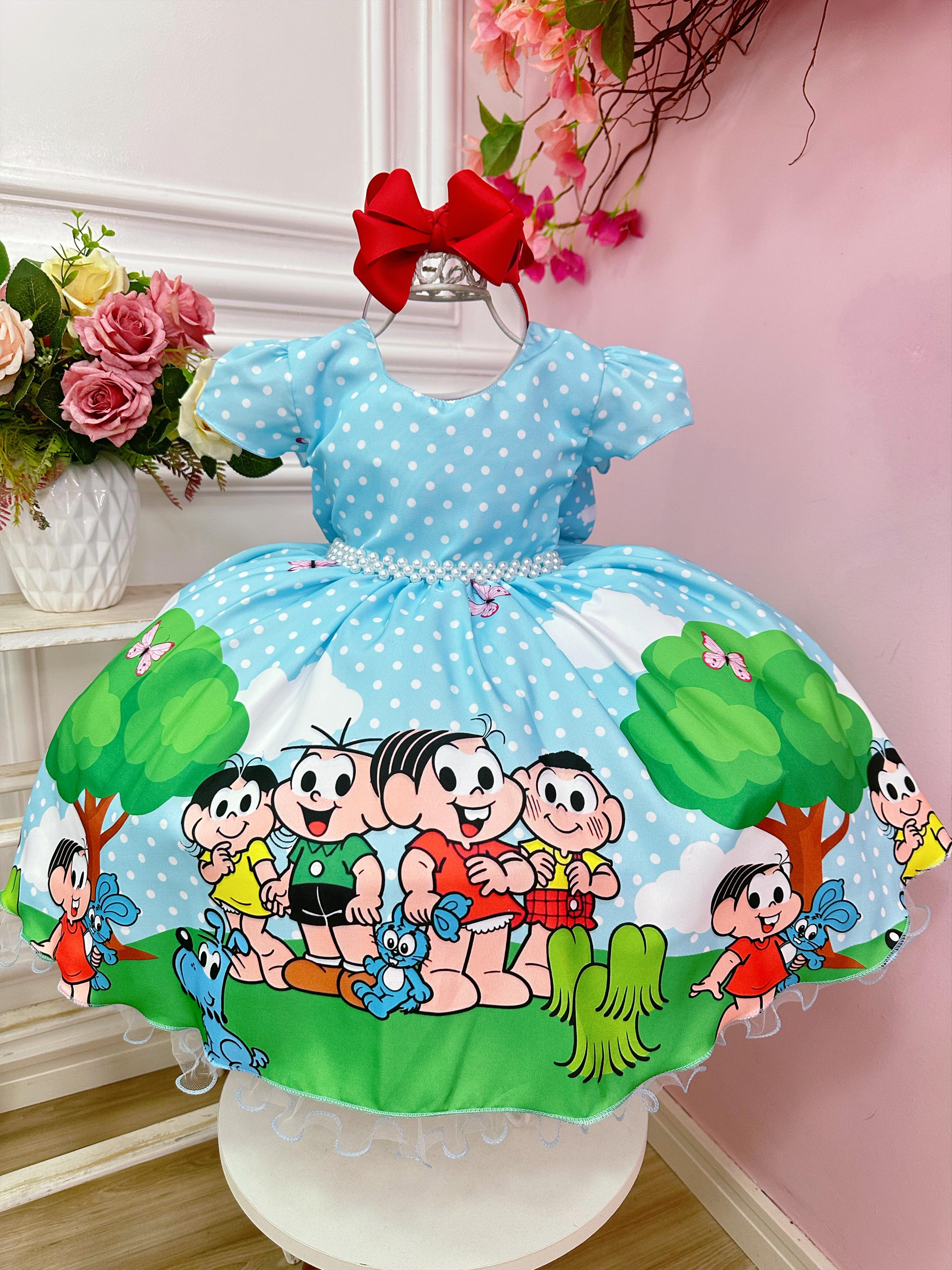 Vestido Infantil Azul Claro Turma da Mônica Festas