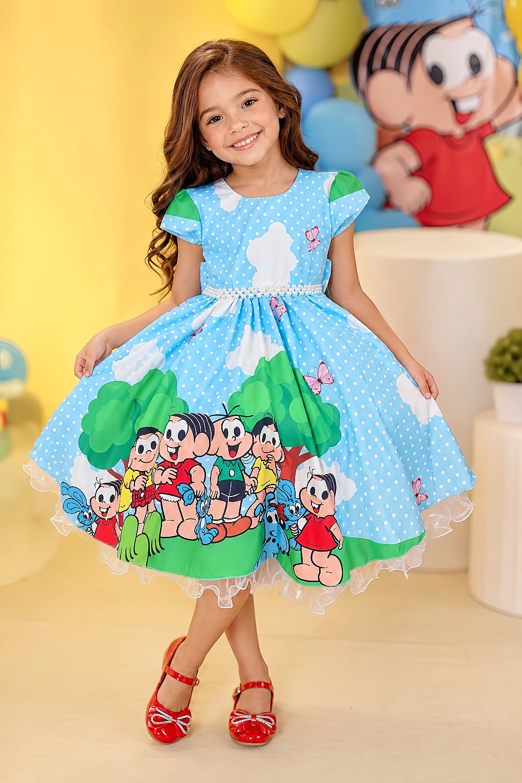 Vestido Infantil Azul Claro Turma da Mônica Festas Mangas Verdes